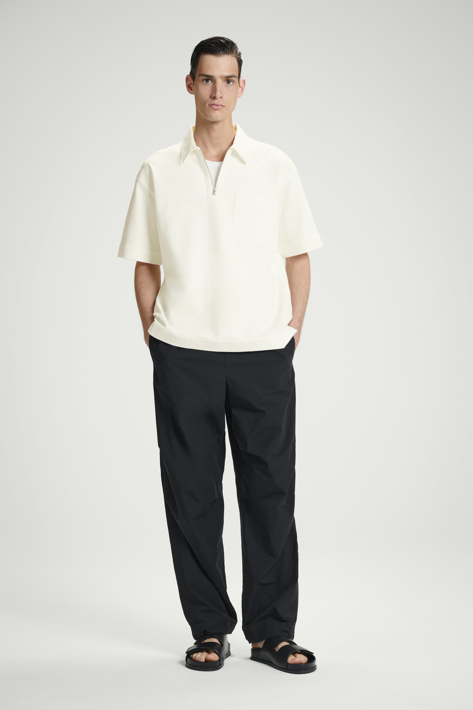 COTTON-TWILL HALF-ZIP POLO SHIRT - OFF-WHITE/NAVY - 3