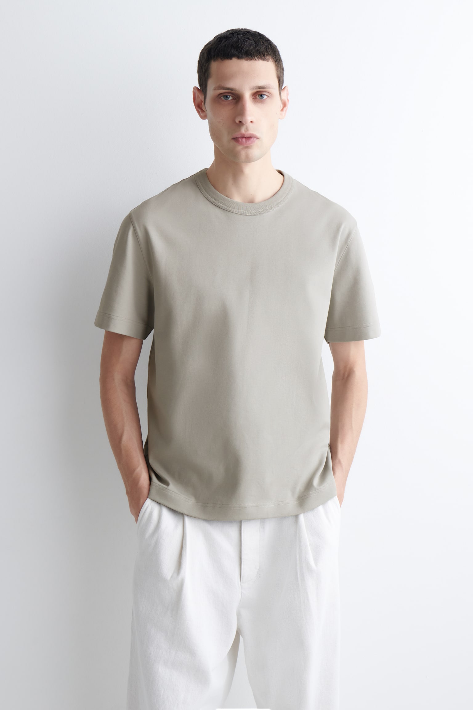 BAWEŁNIANY T-SHIRT Z OKRĄGŁYM DEKOLTEM - JASNOSZARY/GRANATOWY/GRANATOWY/BIAŁY/PASKI/CZARNY/BIAŁY - 2