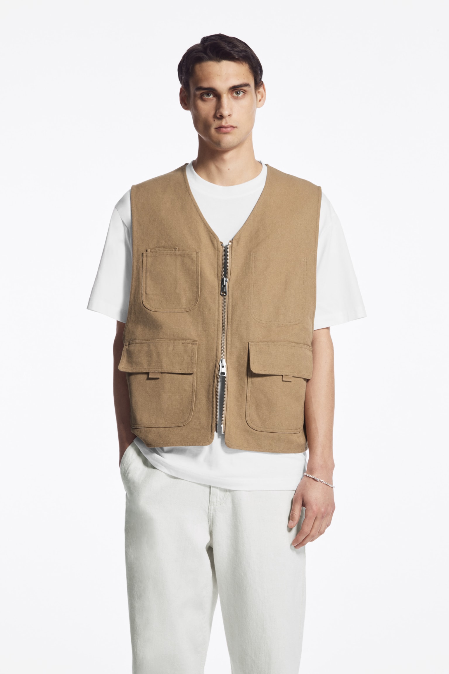 ZIPPED HYBRID UTILITY VEST - DARK BEIGE - 1