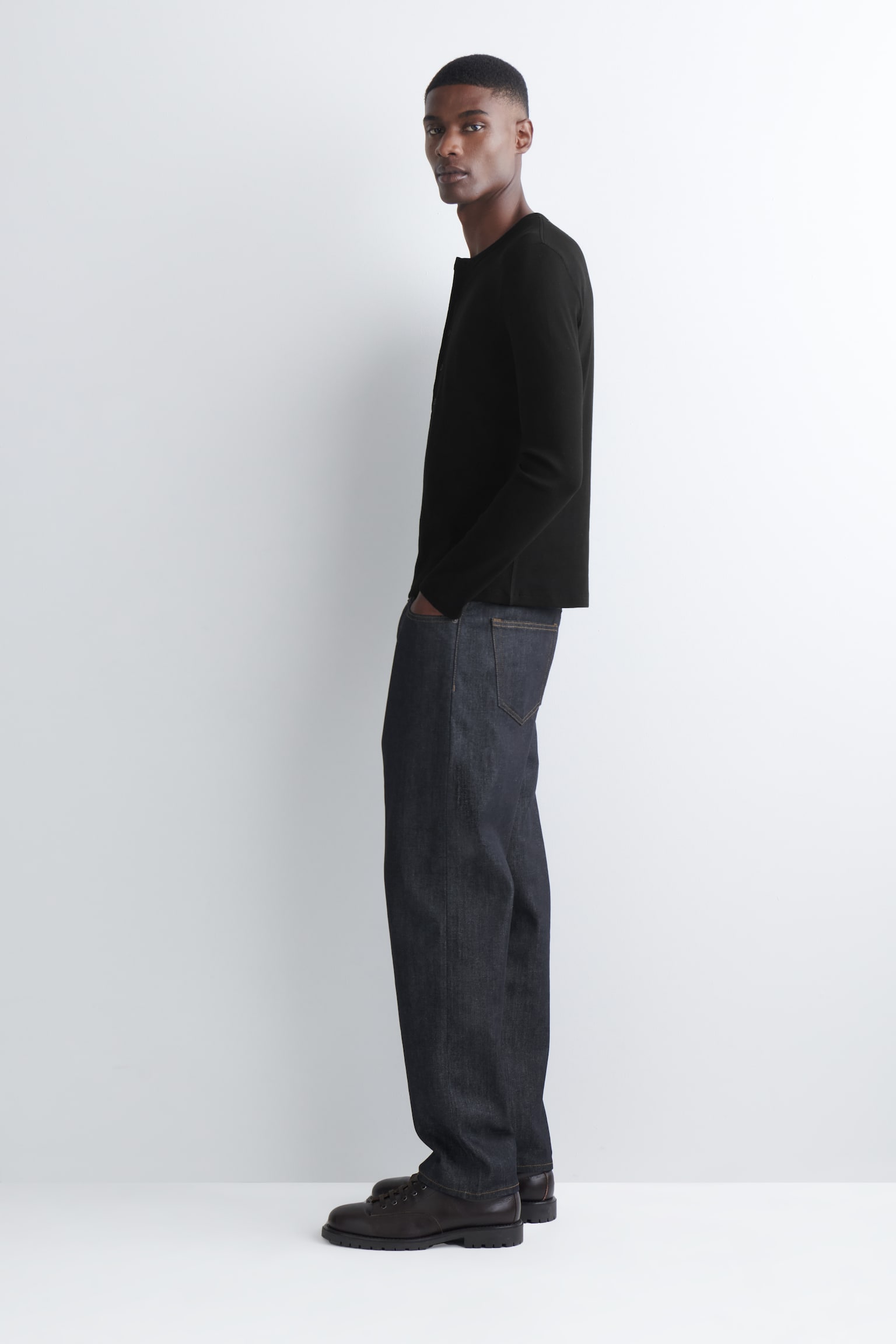 Geribd katoenen Henley-T-shirt met lange mouwen, slanke pasvorm - BLACK/BRUIN - 5