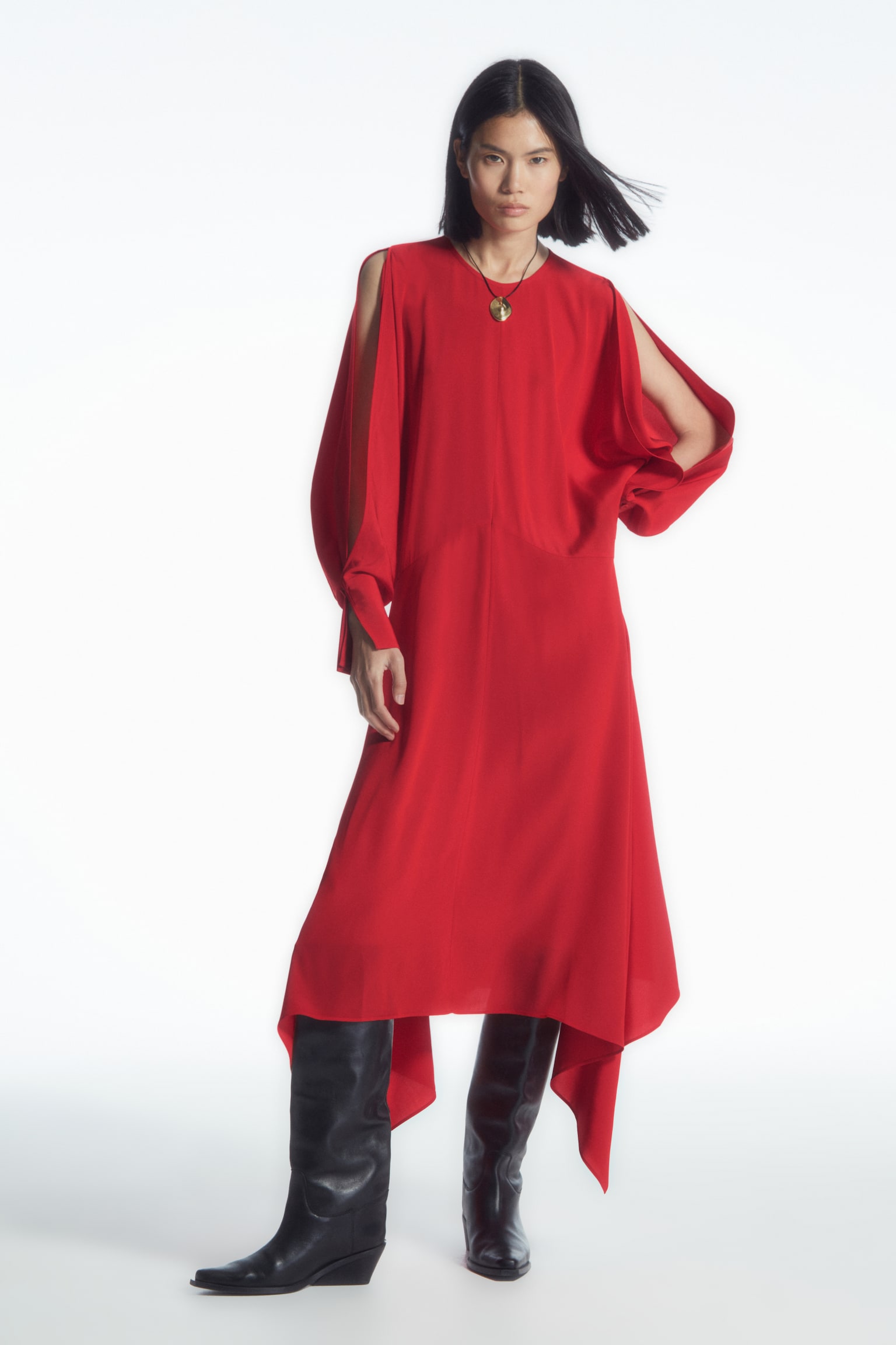 OPEN-SLEEVE SILK-BLEND DRESS - RED - 3