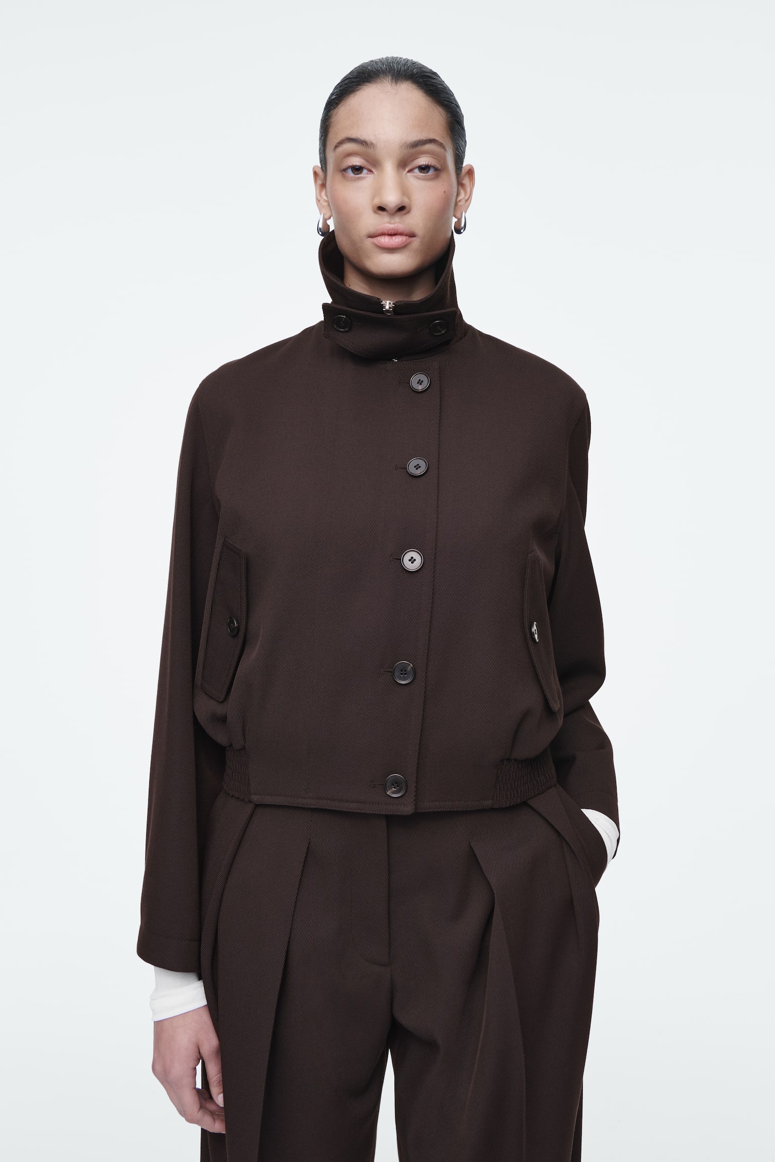 OVERSIZED FUNNEL-NECK WOOL-BLEND JACKET - DARK BROWN - 9