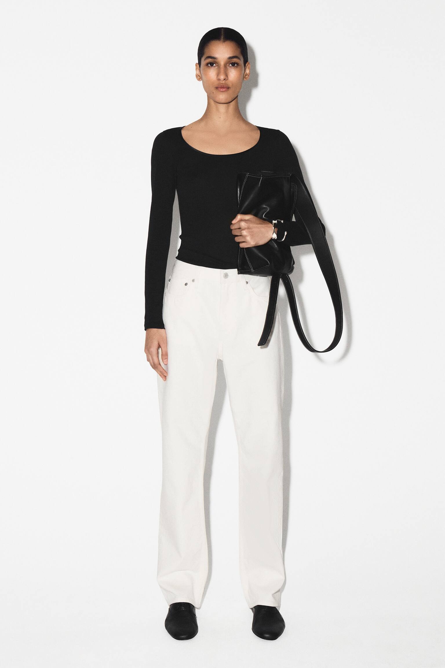 TOP A MANICHE LUNGHE IN JERSEY DI COTONE E RASO - NERO/ROSA - 4