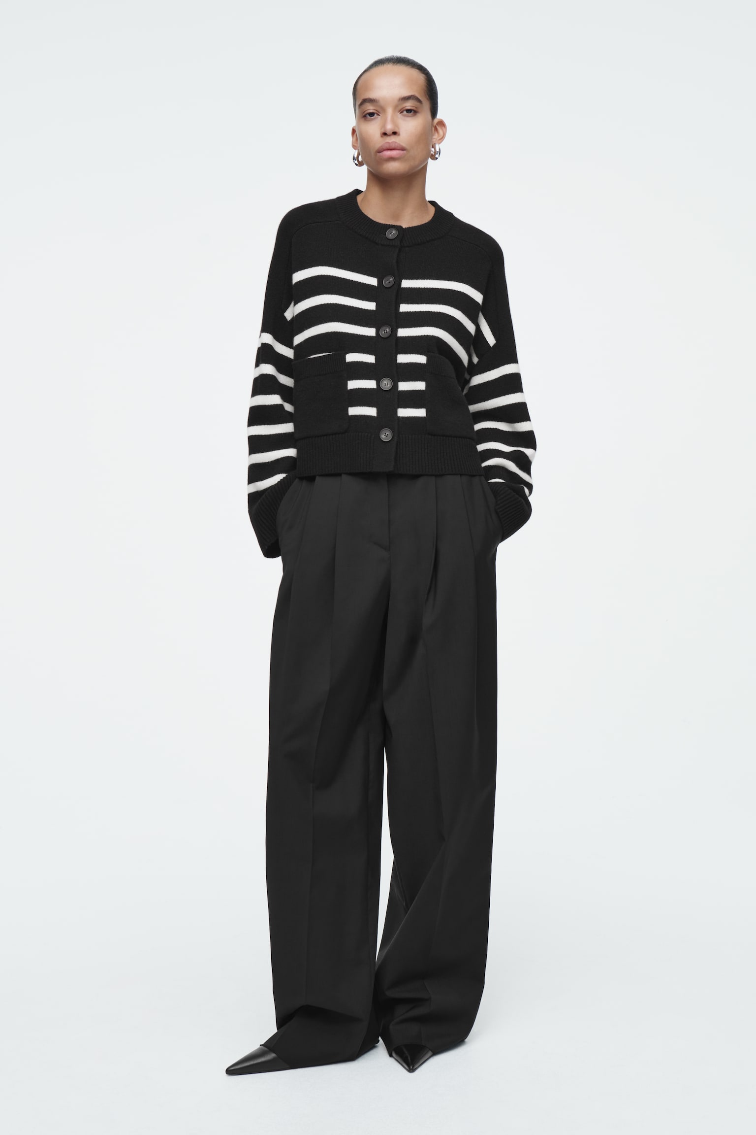 WOOL CREW-NECK CARDIGAN - BLACK / STRIPED/WHITE / STRIPED/BLACK - 7