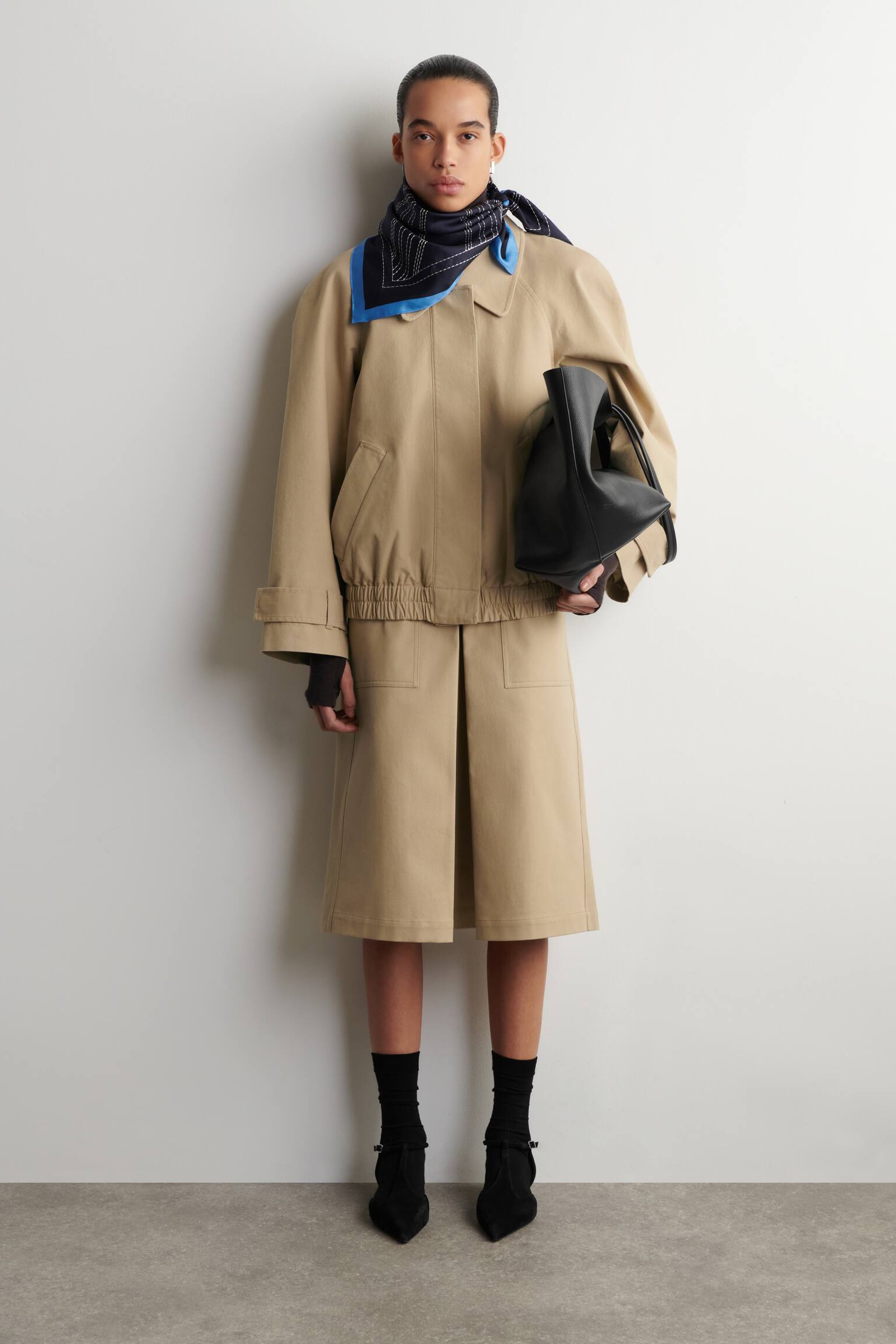 Ronde katoenen blousonjas - buinbeige/ZWART - 1