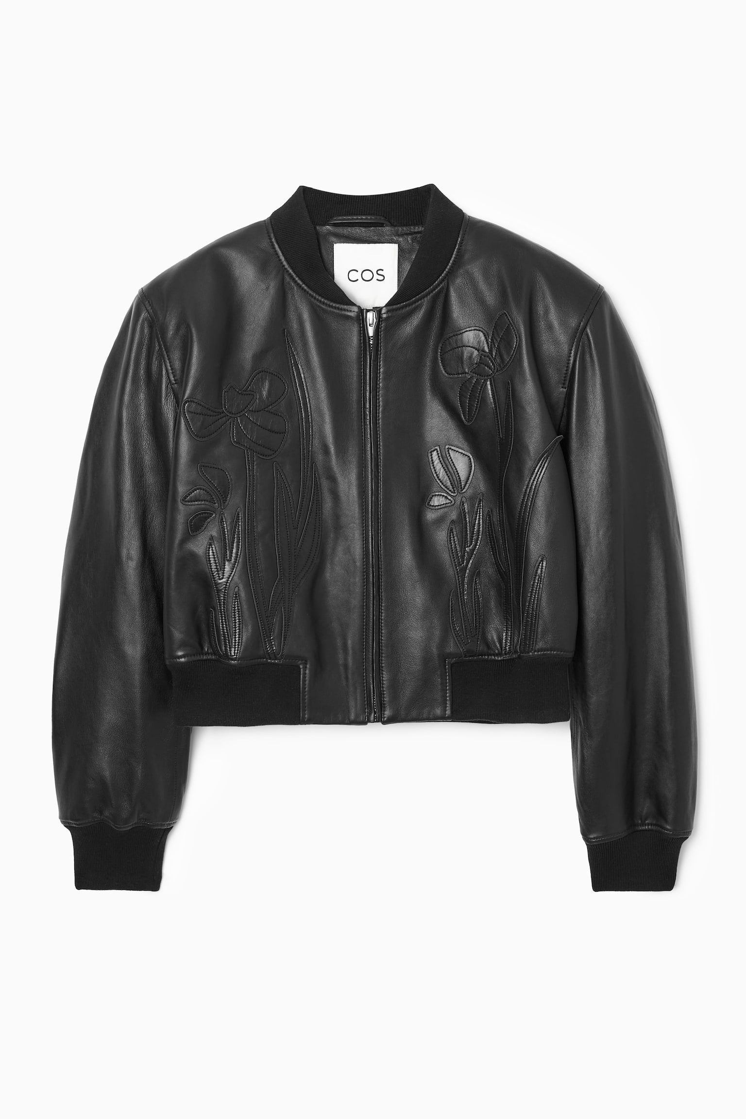 OVERSIZED APPLIQUÉD LEATHER BOMBER JACKET - BLACK - 1