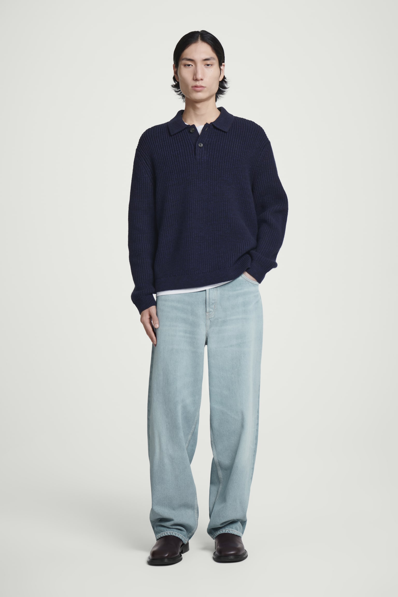 TWISTED-YARN WOOL POLO JUMPER - NAVY MÉLANGE/GREY MÉLANGE - 3