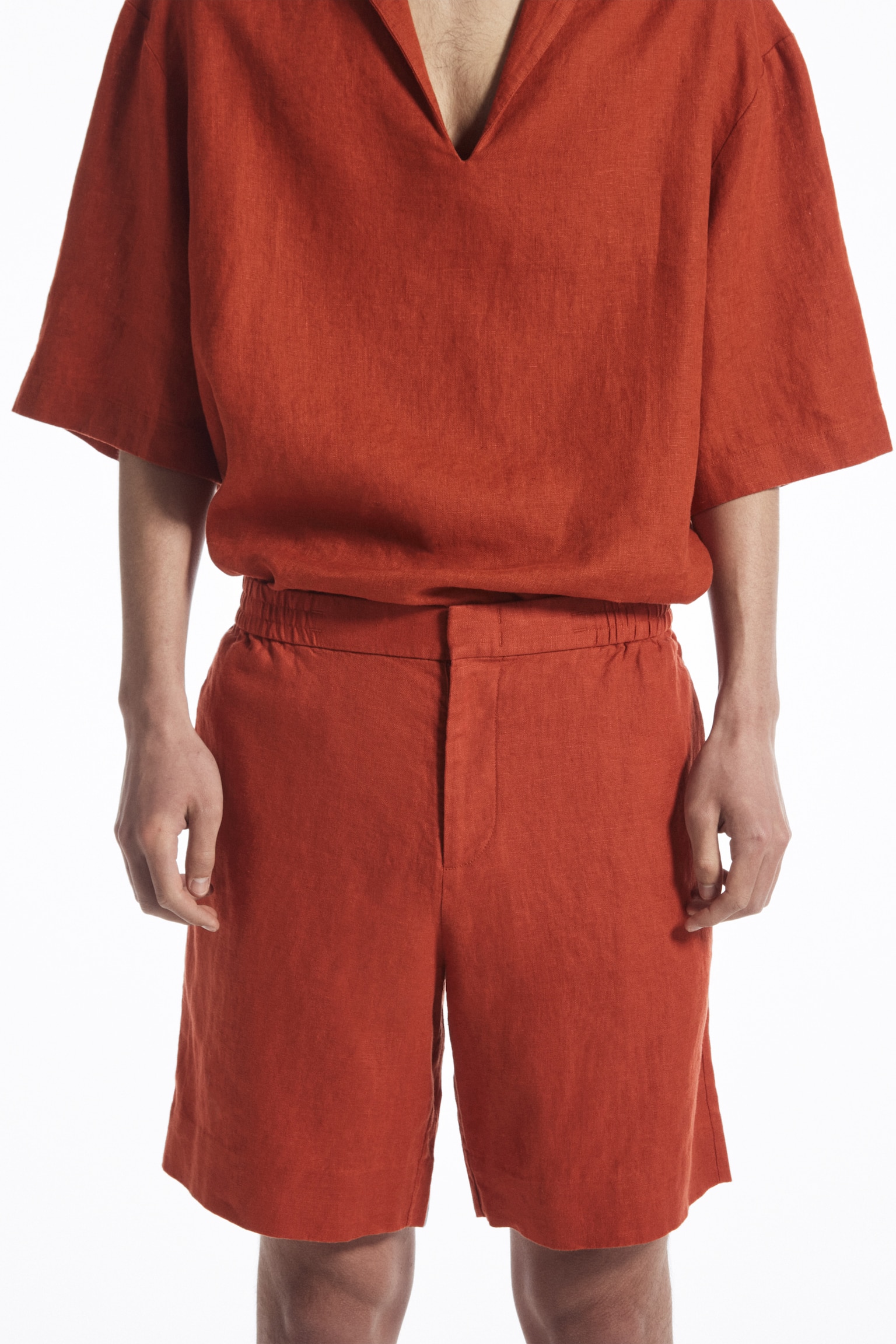 ELASTICATED LINEN SHORTS - RUST RED/BLACK - 7