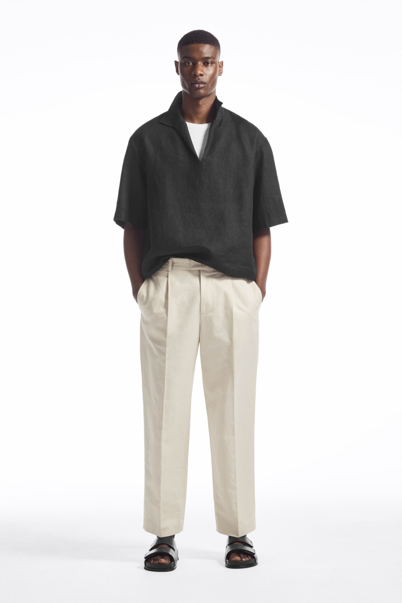 RELAXED PLEATED LINEN STRAIGHT-LEG TROUSERS - LIGHT BEIGE/BLACK/GREEN - 1