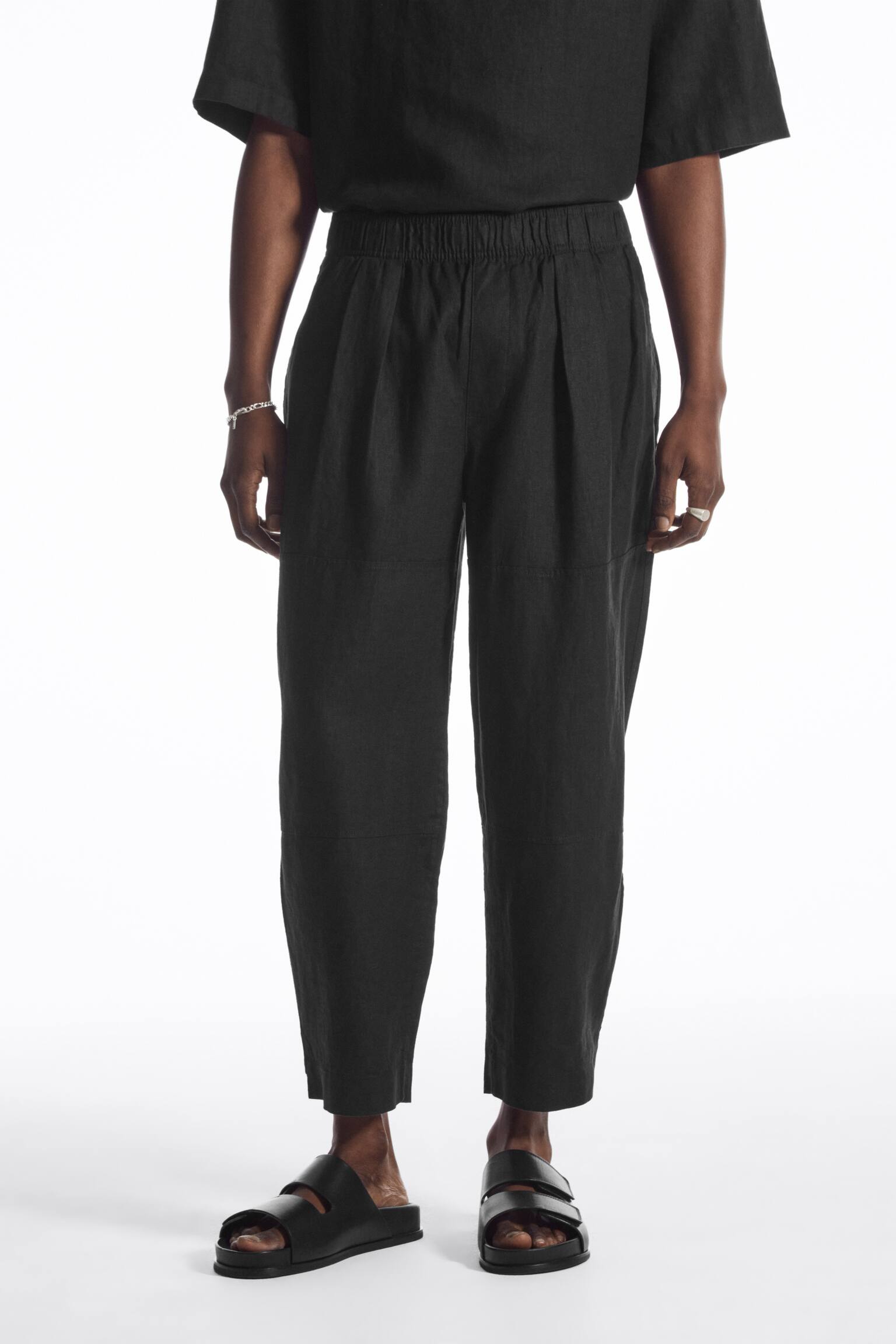 CROPPED WIDE-LEG LINEN TROUSERS - BLACK - 7