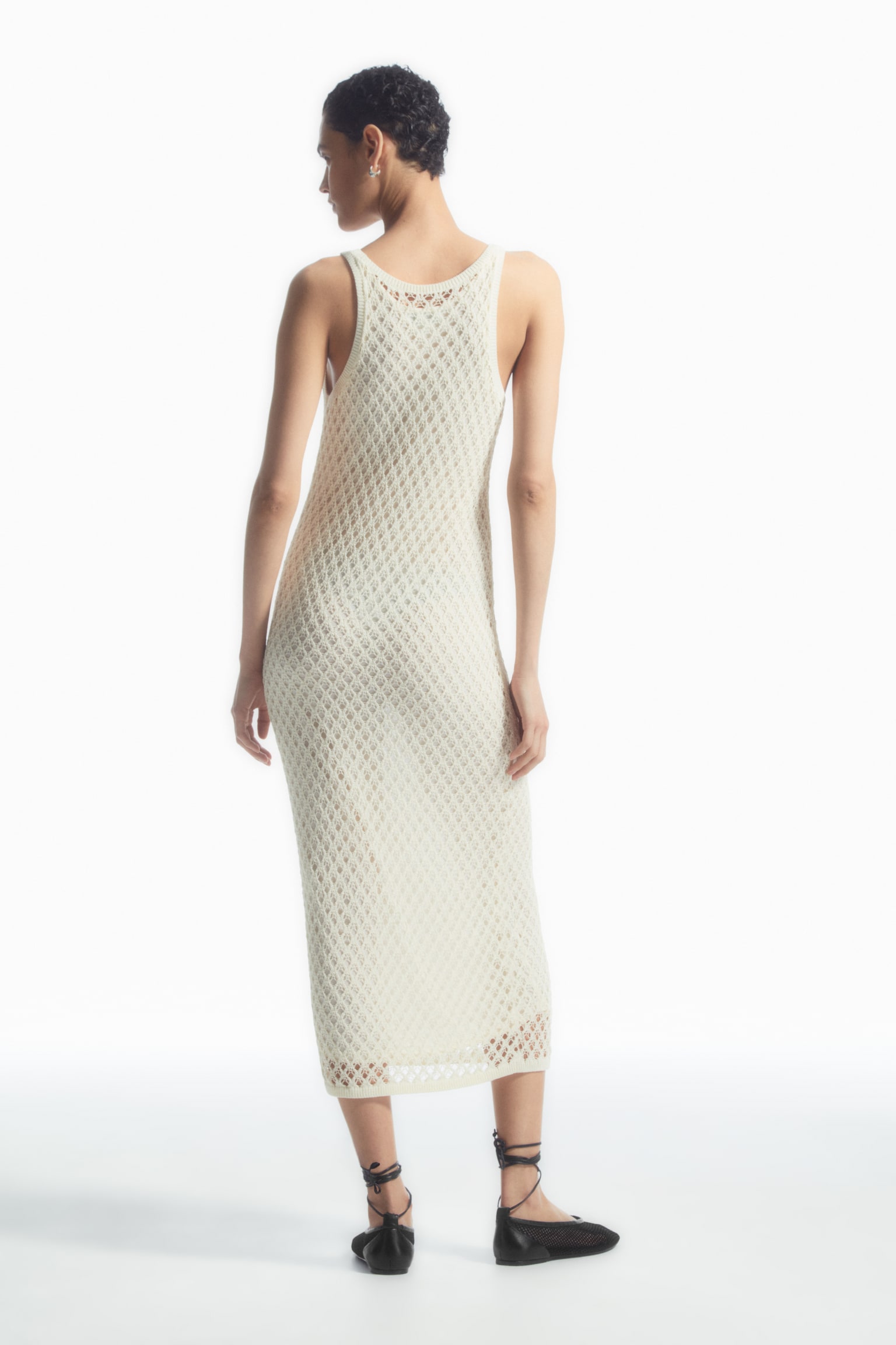 SLEEVELESS OPEN-KNIT MIDI DRESS - CREAM - 4