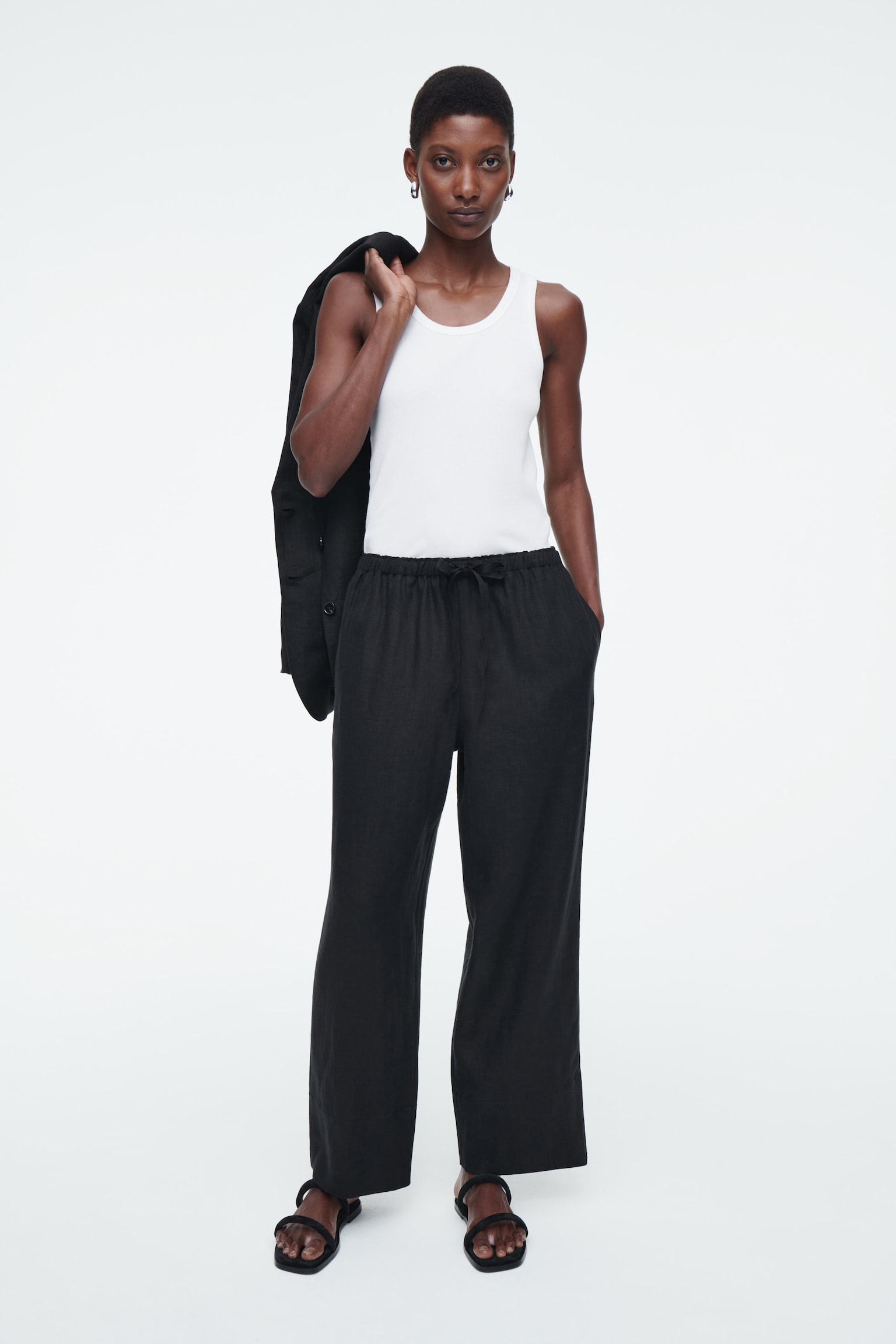 DRAWSTRING LINEN TROUSERS - BLACK - 1