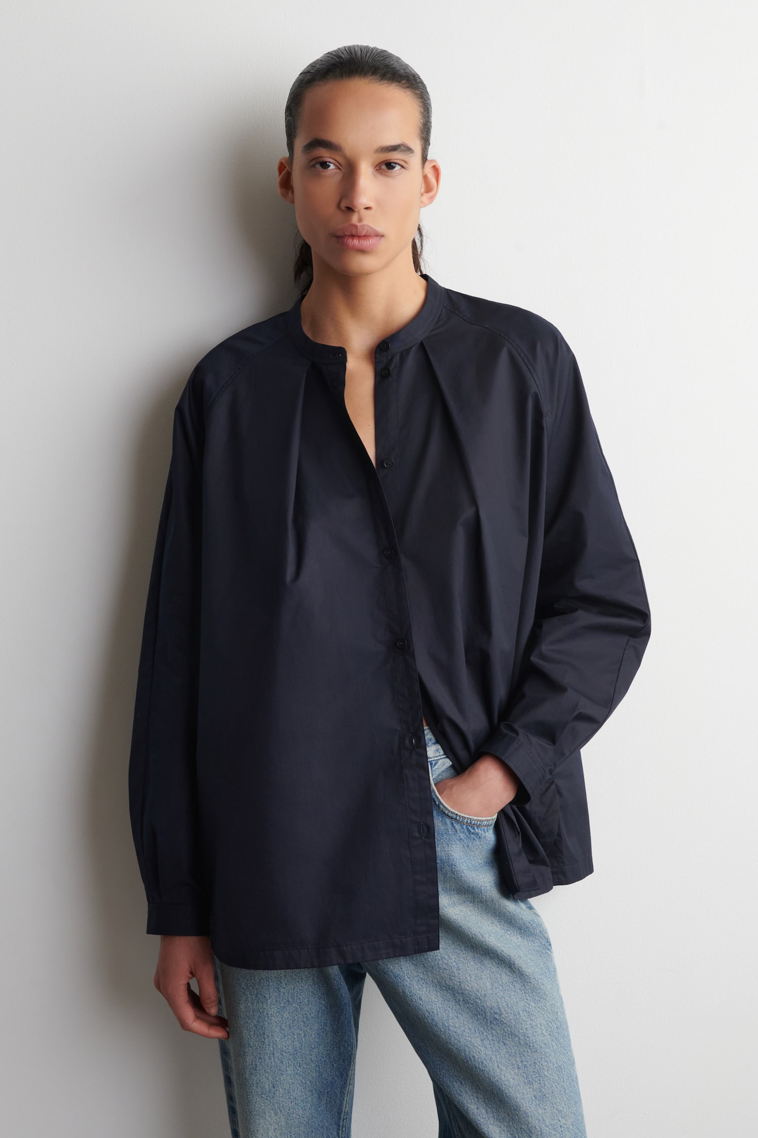 grandad‑kauluksellinen puuvillapaita - laivastonsininen/Punainen - 1