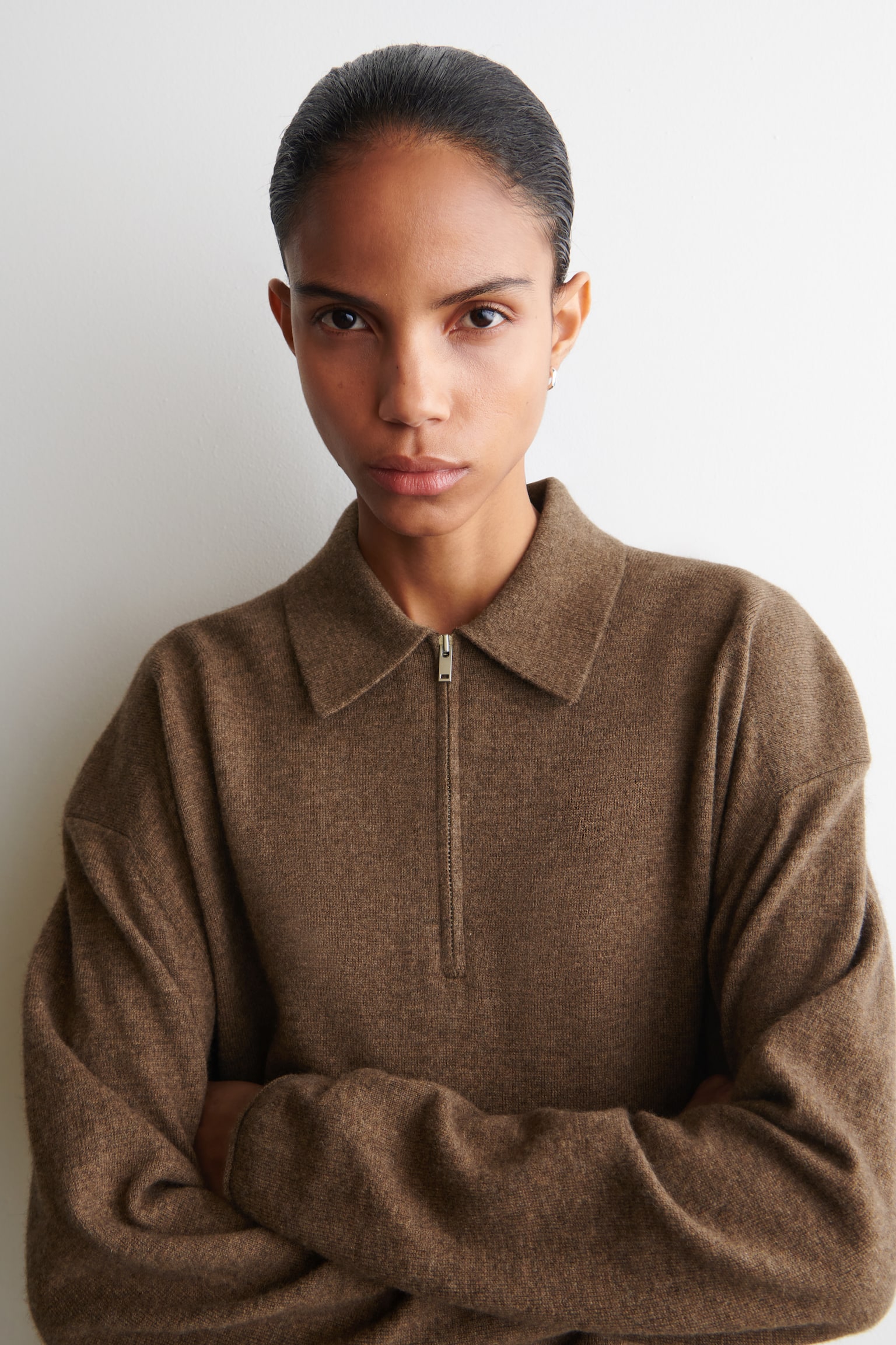 Merino uld-yak zip-up poloshirt - BRUNMELERET/HVID/VINRØD - 3