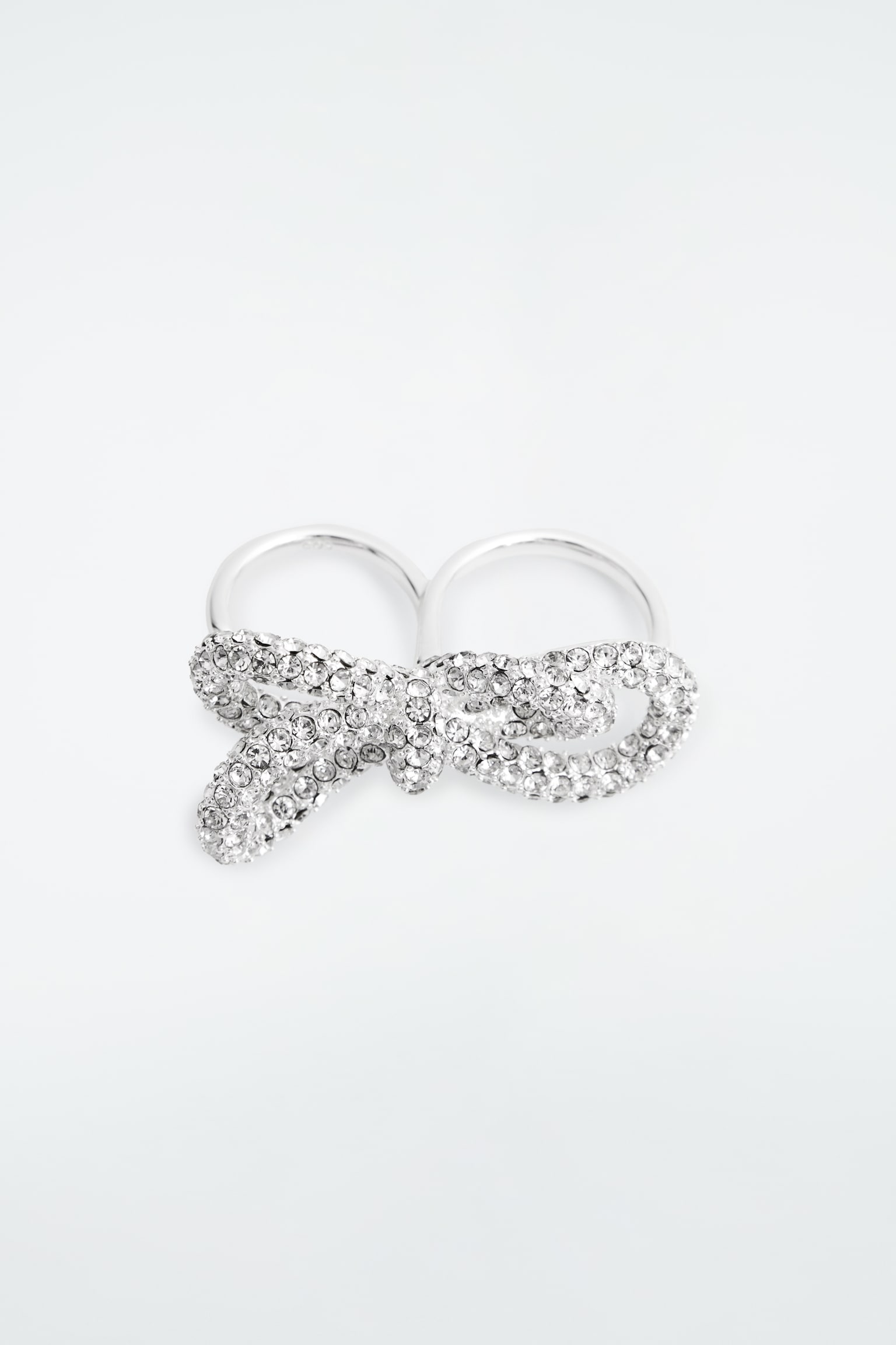 KNOTTED BOW CRYSTAL DOUBLE-FINGER RING - SILVER - 2