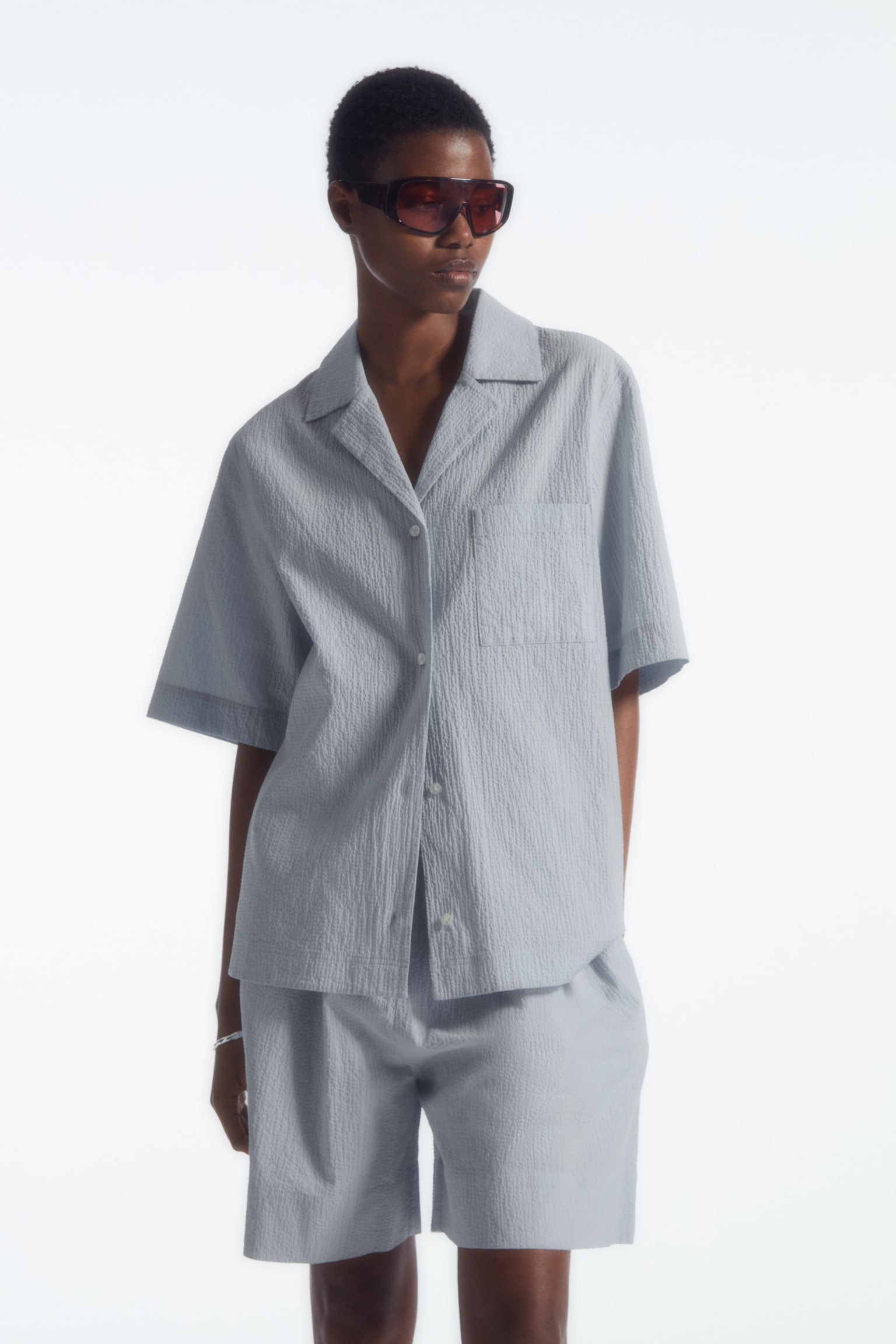 REGULAR SEERSUCKER SHIRT - DUSTY BLUE/OFF WHITE - 1