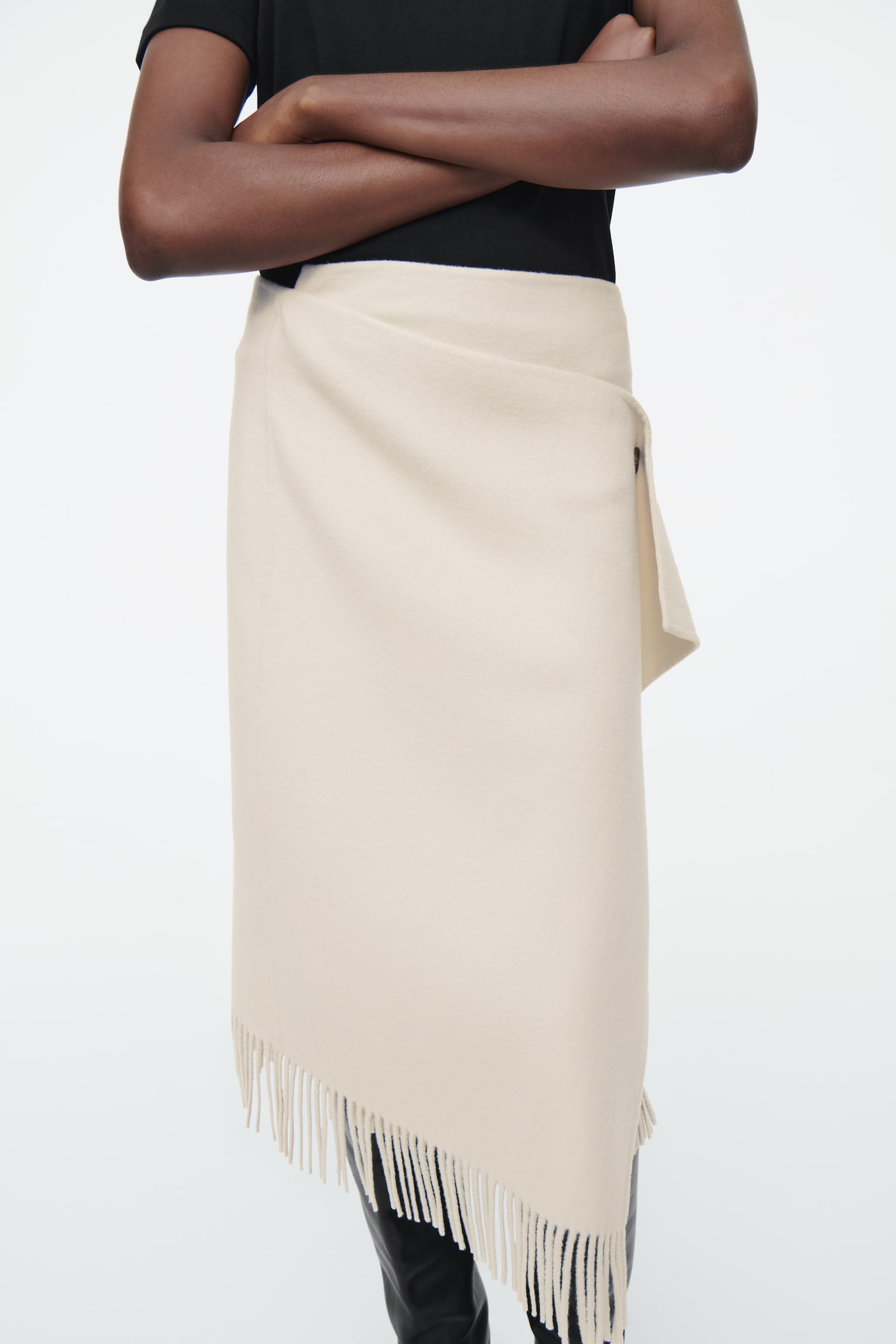 FRINGED WOOL MIDI WRAP SKIRT - WHITE/BLACK/DARK NAVY - 5