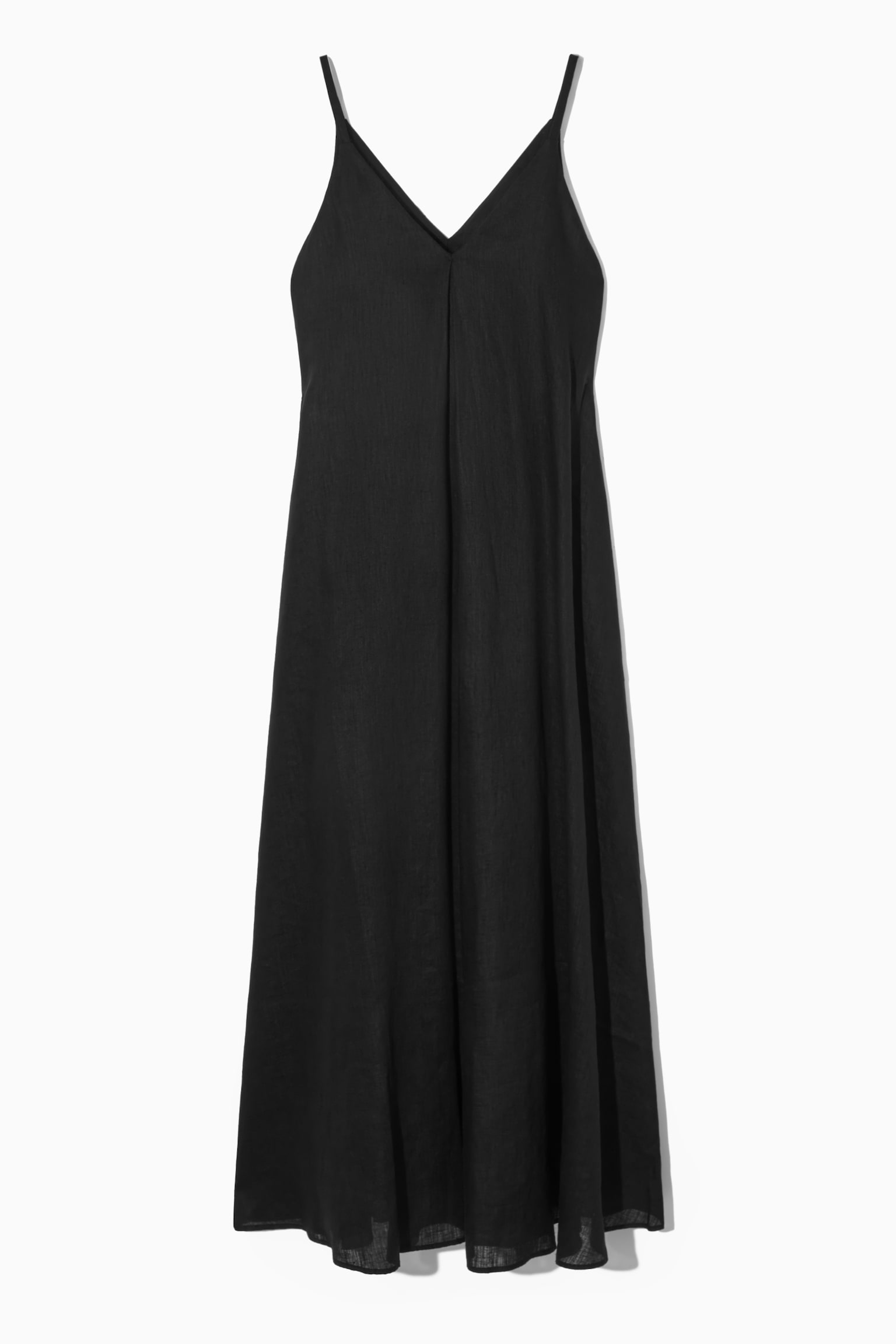 PLEATED V-NECK LINEN MIDI DRESS - BLACK - 1