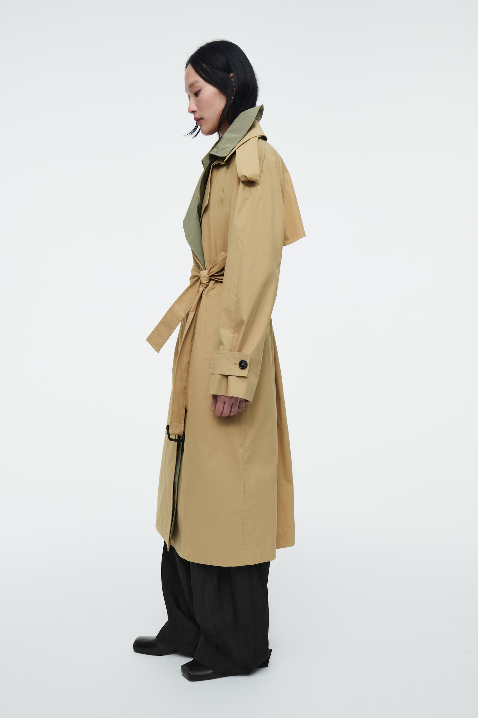 LAYERED DOUBLE-BREASTED TRENCH COAT - BEIGE / KHAKI - 5