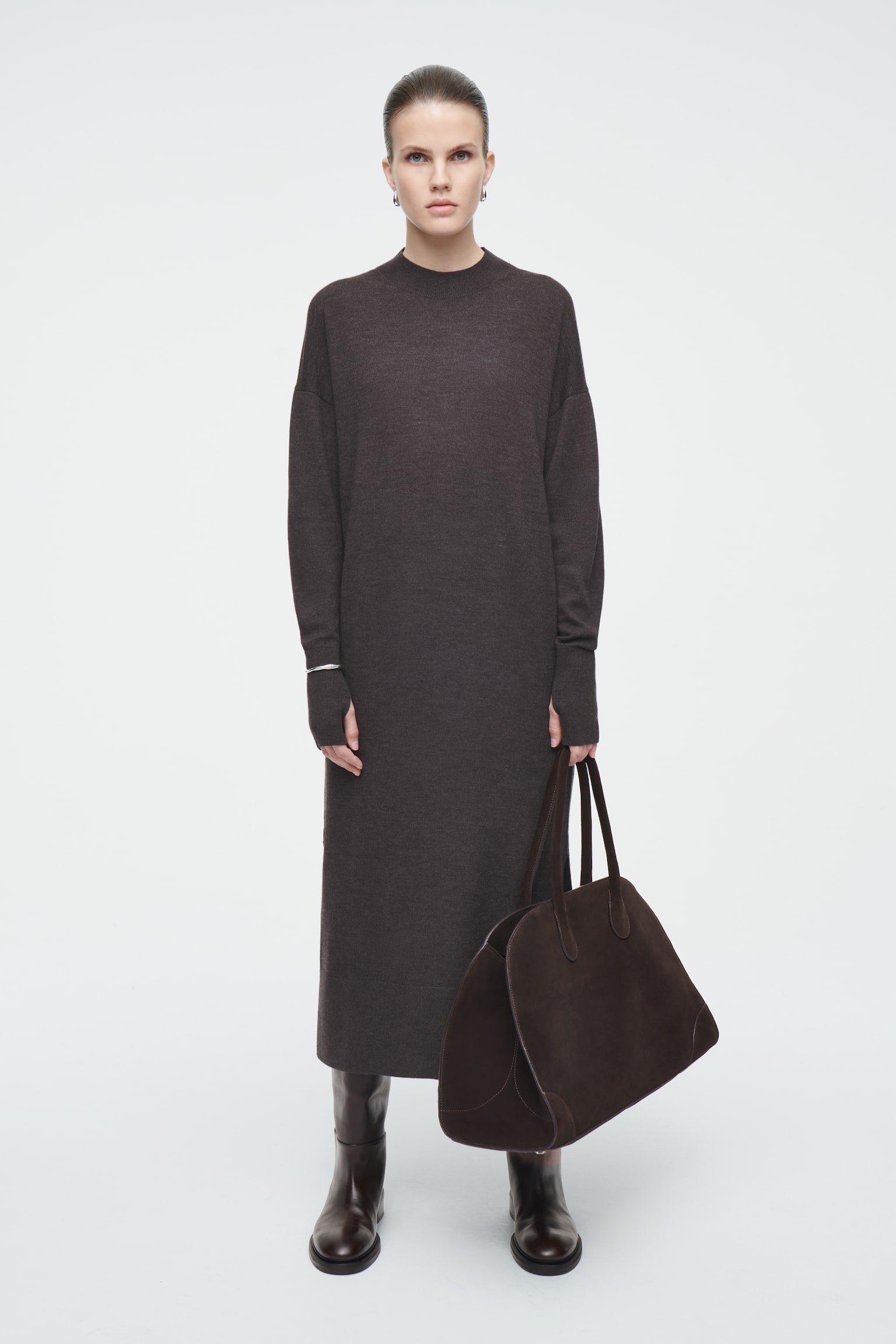 MERINO WOOL MIDI DRESS - BROWN MÉLANGE/BLACK - 1