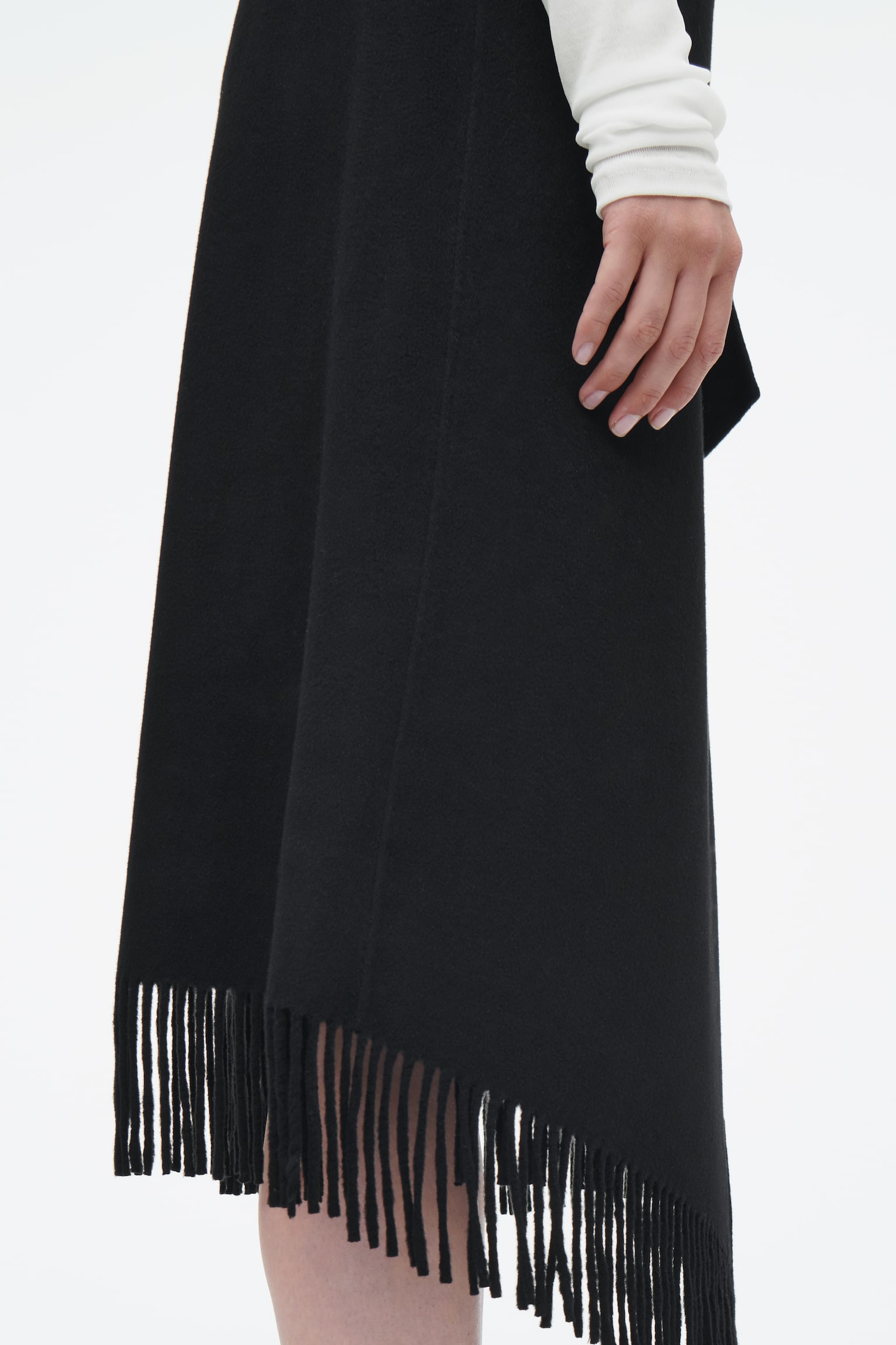 FRINGED WOOL MIDI WRAP SKIRT - BLACK/WHITE/DARK NAVY - 5