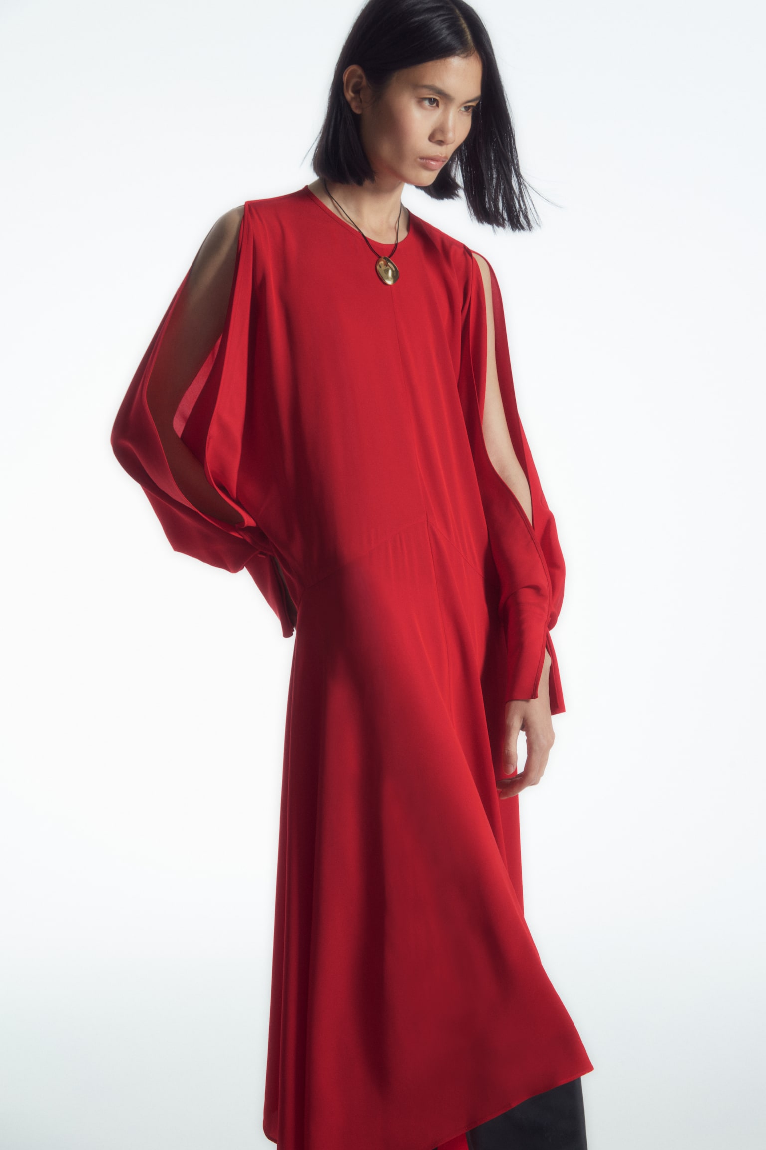 OPEN-SLEEVE SILK-BLEND DRESS - RED - 1