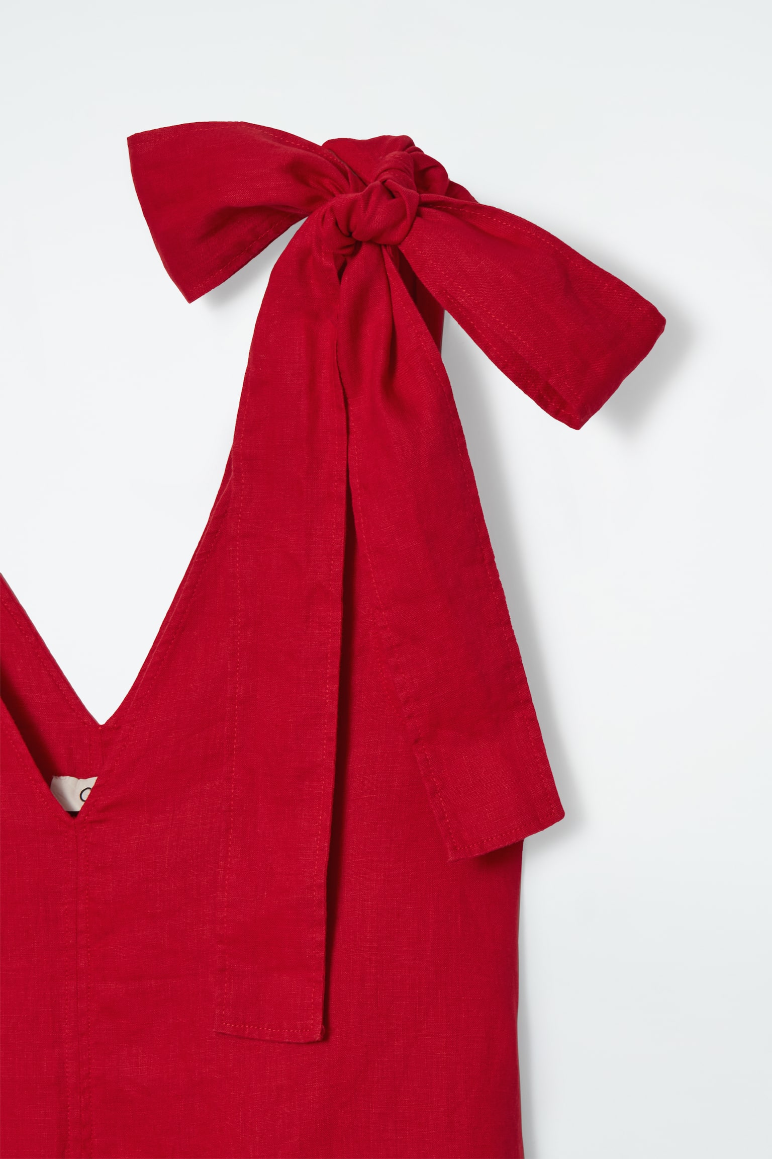 BOW-DETAIL LINEN MIDI DRESS - RED/NAVY BLUE - 5