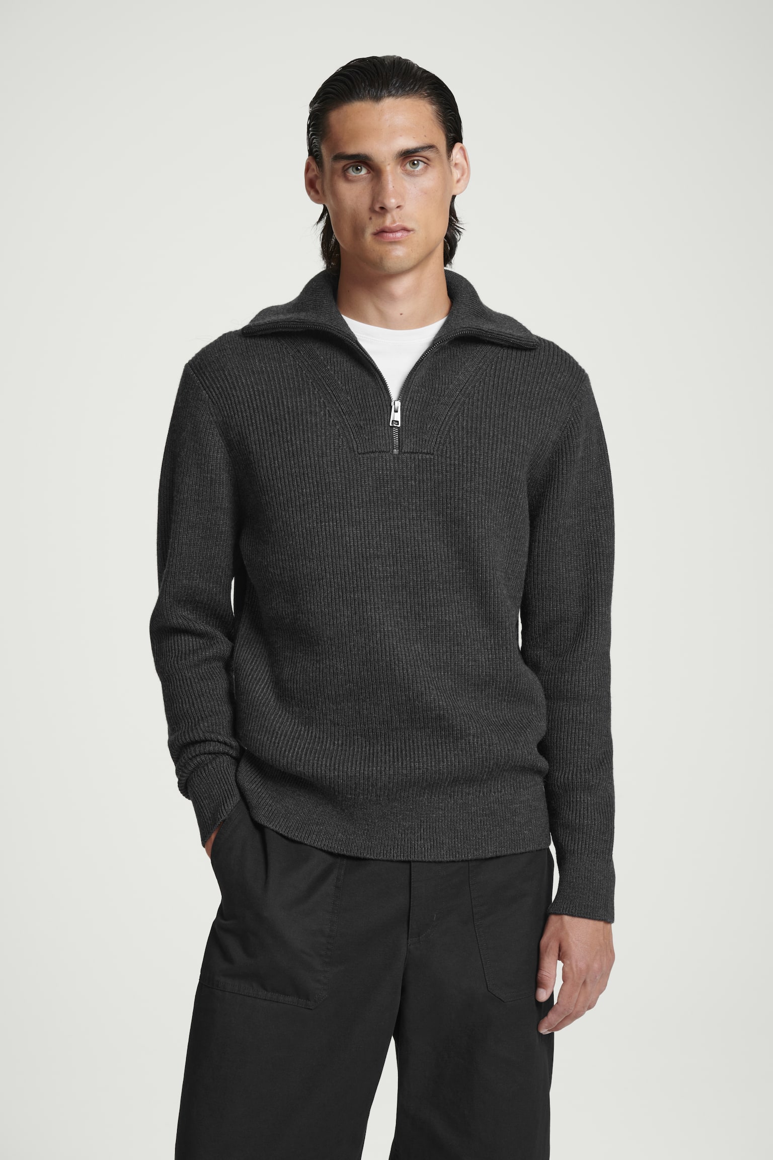 MERINO WOOL HALF-ZIP JUMPER - DARK GREY/BLACK / CREAM / STRIPED/BEIGE - 1