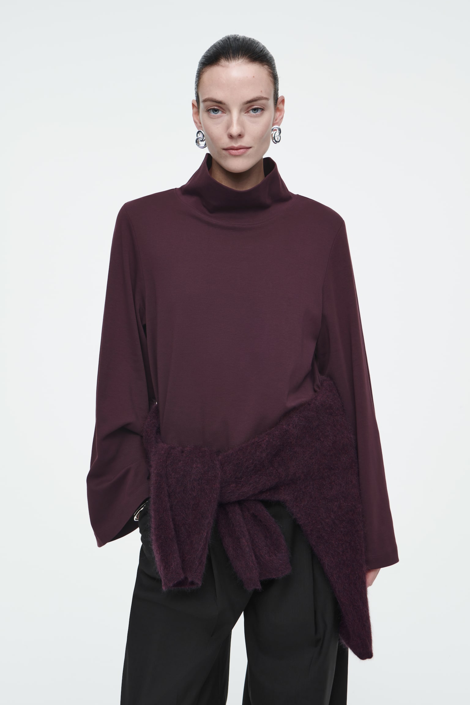 COS burgundy long sleeve t-shirt with funnel neck. 