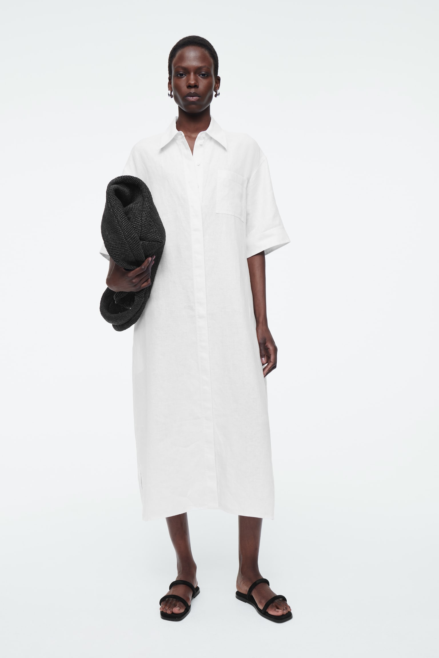 OVERSIZED SHORT-SLEEVED LINEN MIDI DRESS - WHITE/NAVY - 1