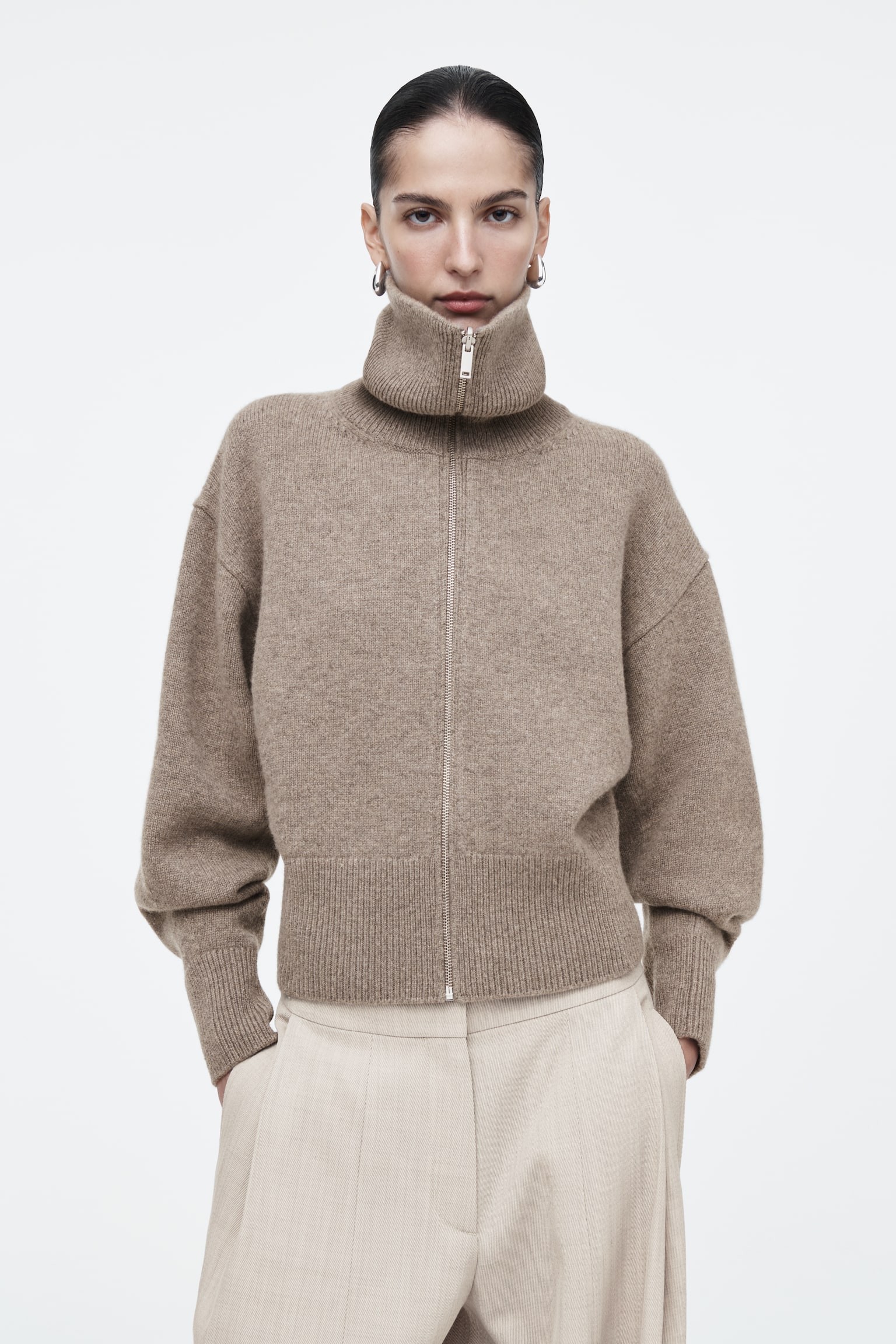 WAISTED KNITTED WOOL BOMBER JACKET - MOLE - 1