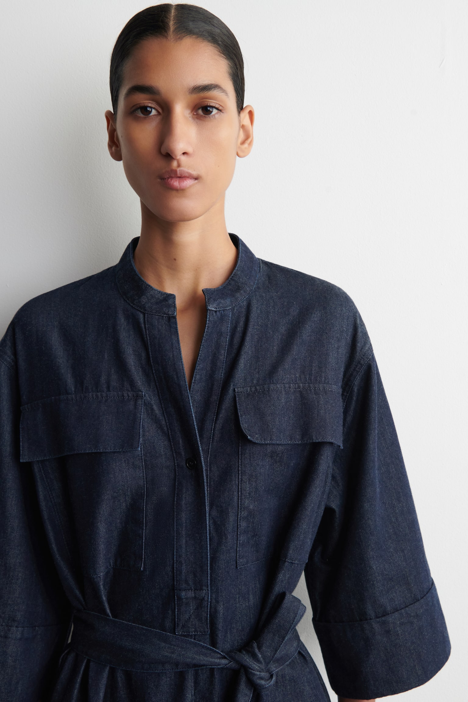 Denim functionele midi-overhemdjurk - donkerblauw - 6