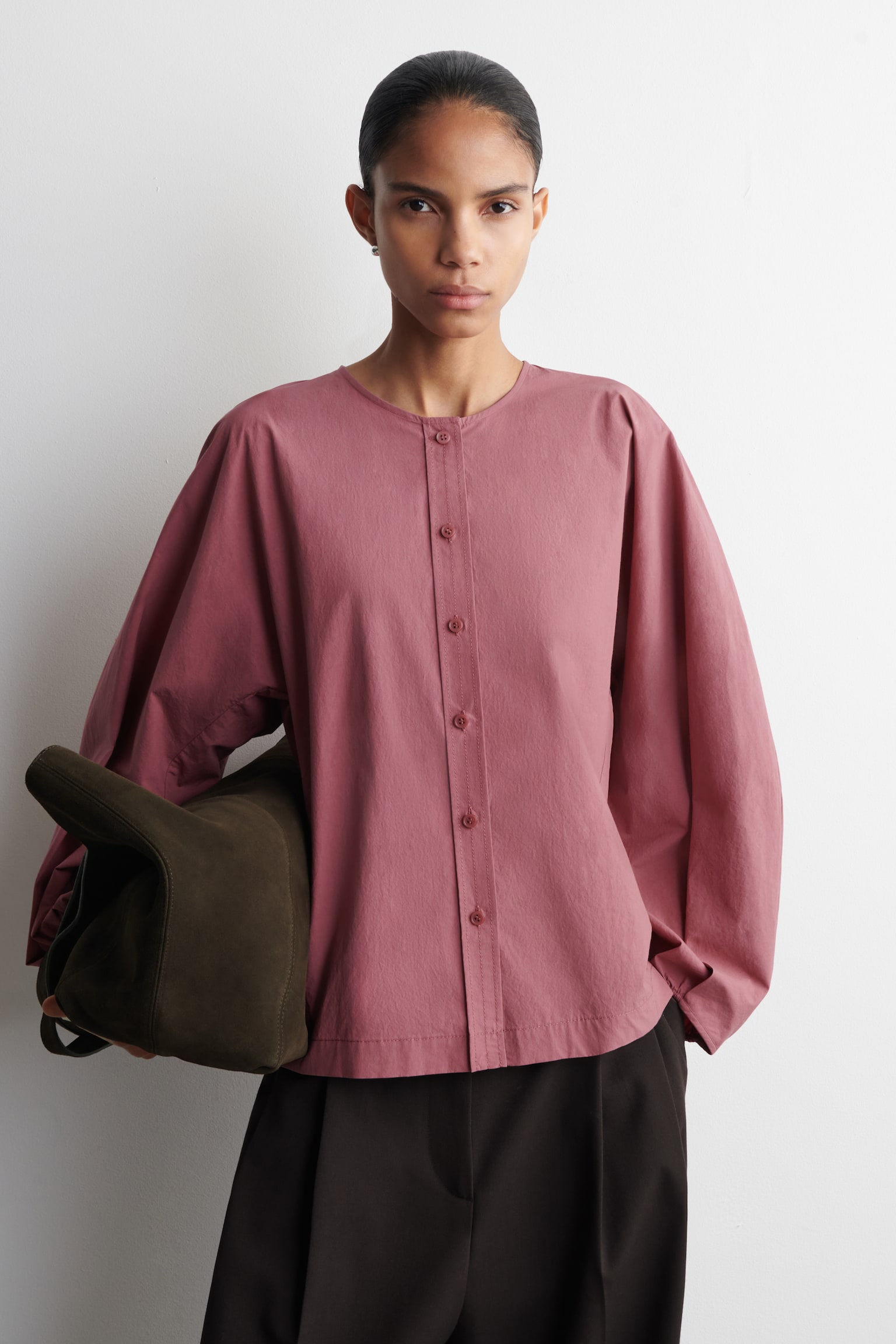 Pima-katoenen blouse met plooien - Bessen/WIT - 1