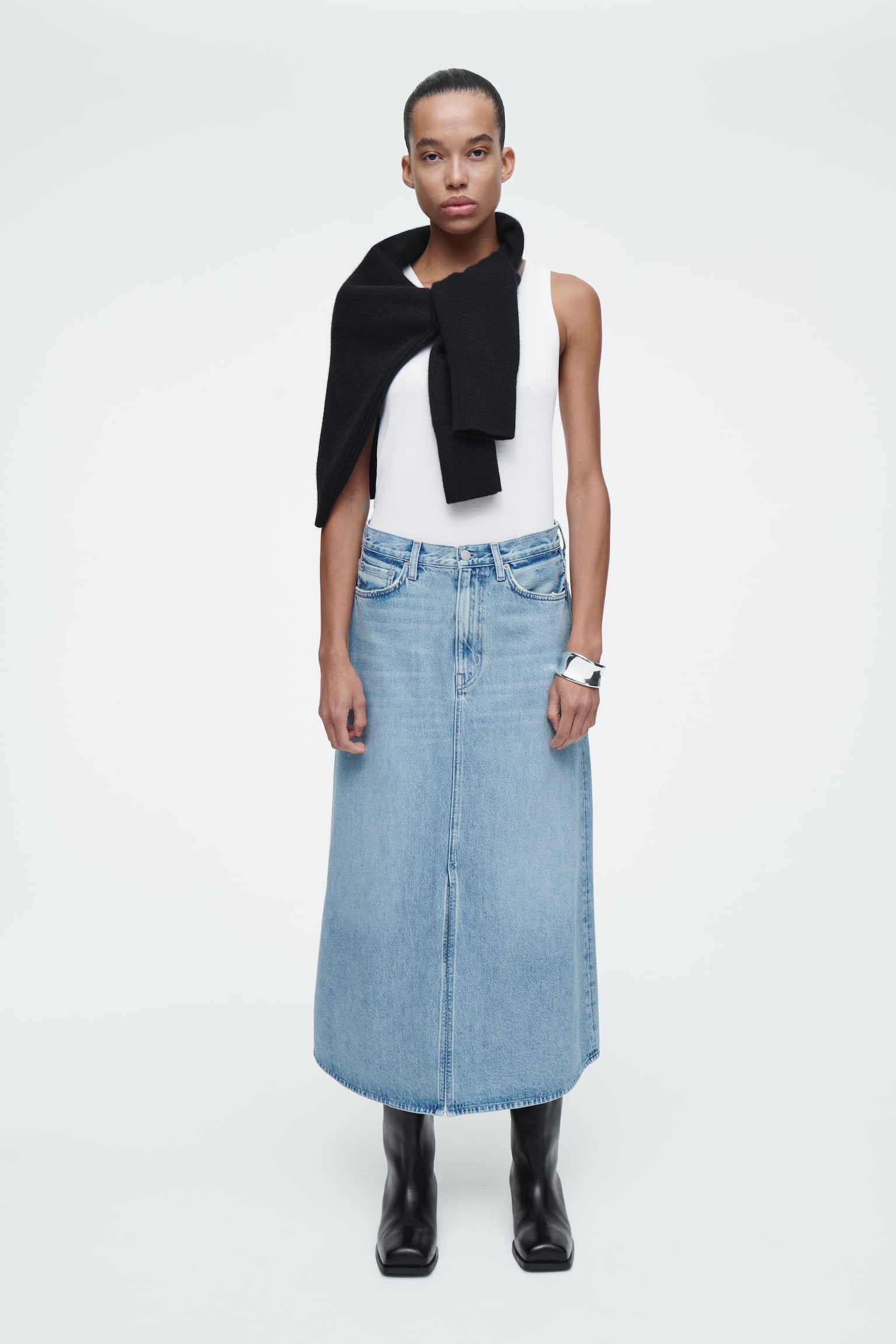 A-LINE DENIM MIDI SKIRT - BLUE/BLACK - 1