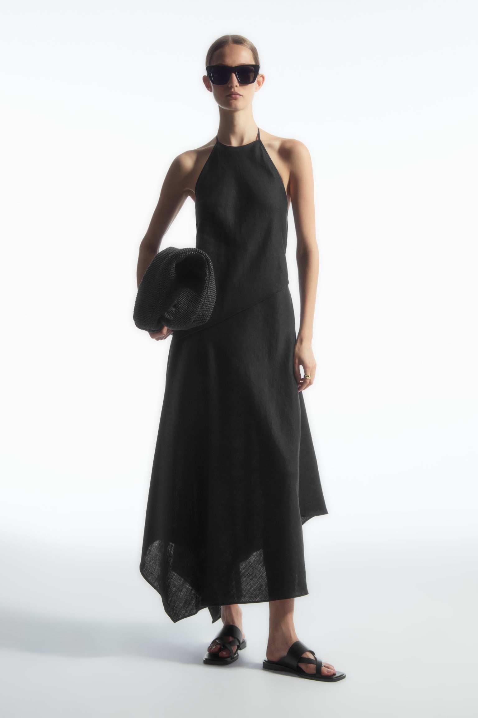 ASYMMETRIC HALTERNECK LINEN DRESS - BLACK - 1