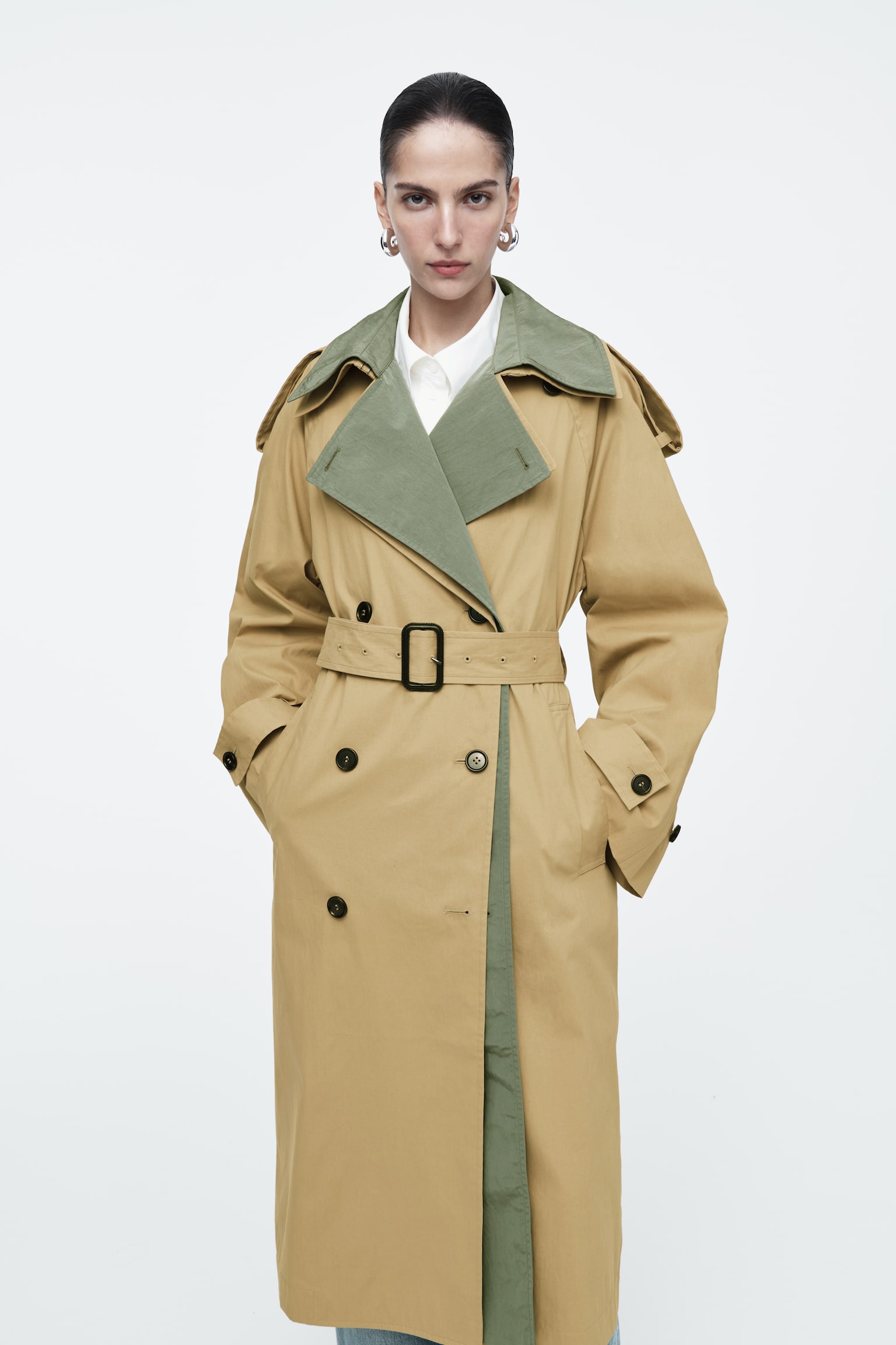 LAYERED DOUBLE-BREASTED TRENCH COAT - BEIGE / KHAKI - 6