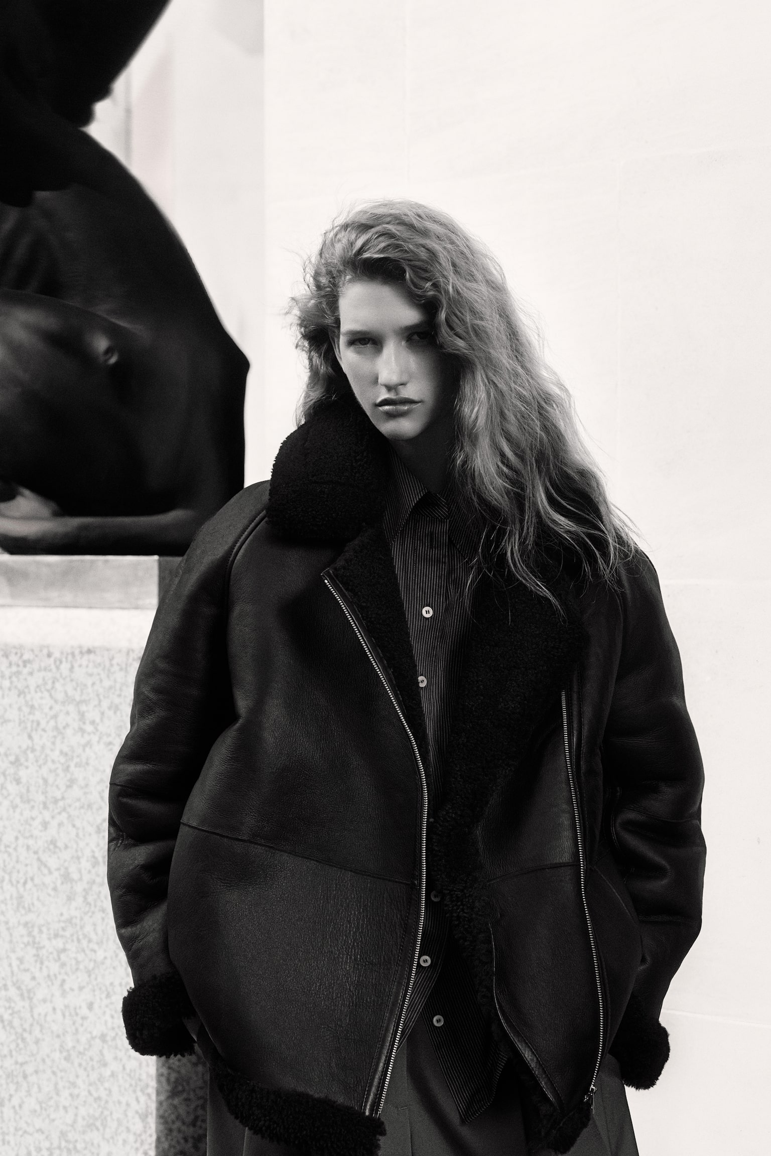 OVERSIZED SHEARLING AVIATOR JACKET - BLACK - 7