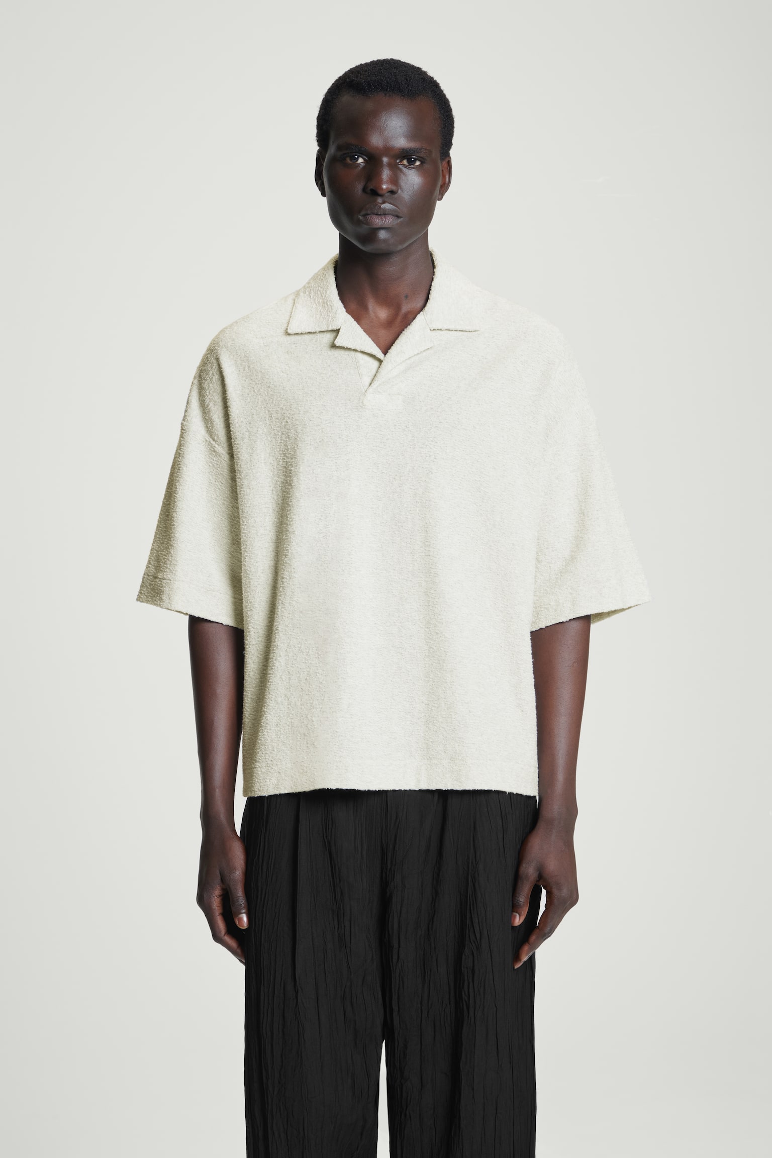 OVERSIZED BOUCLÉ-KNIT POLO SHIRT - LIGHT GREY - 1