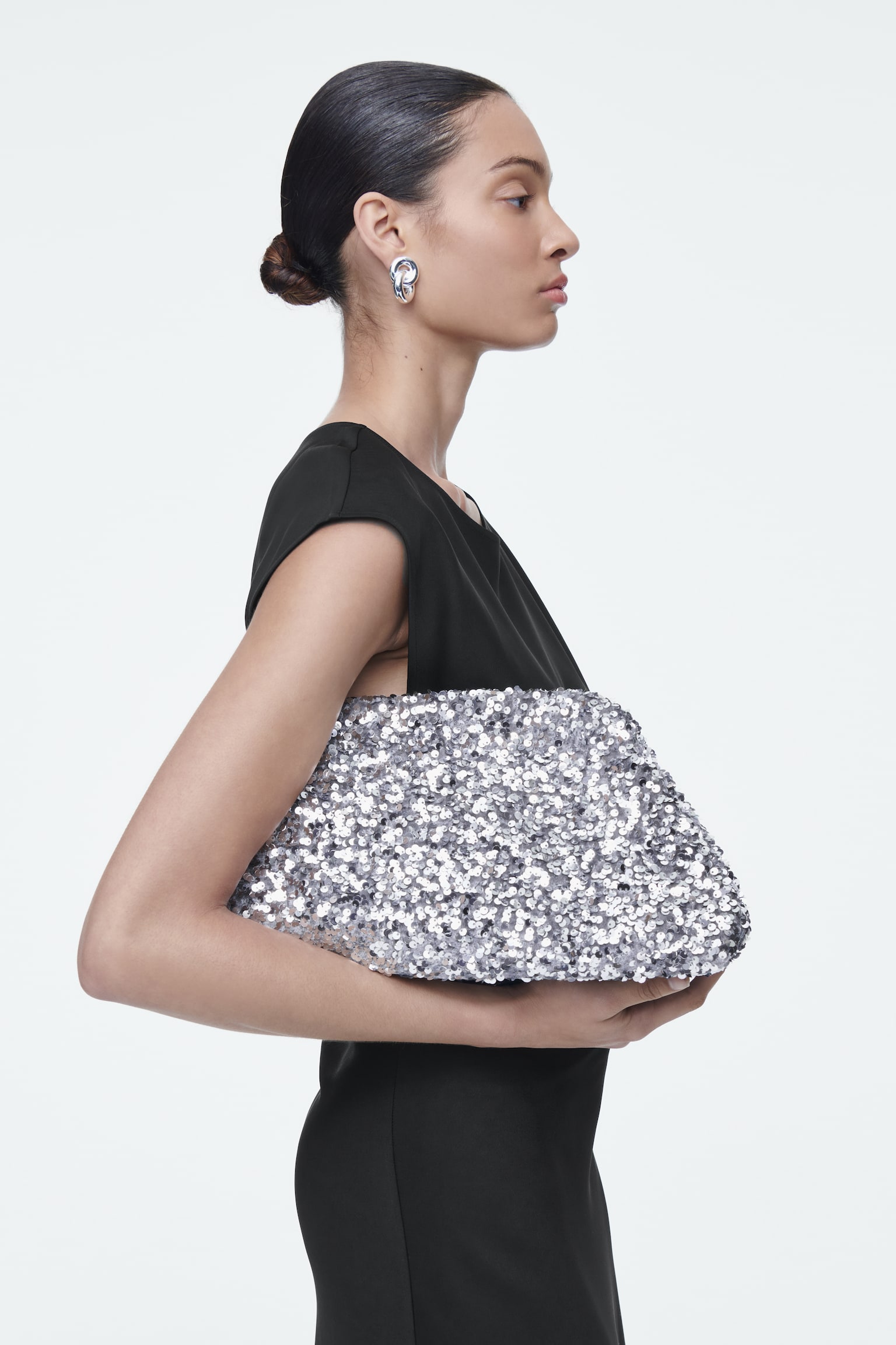 OVERSIZED SEQUINNED FRAMED CLUTCH - SILVER/CHOCOLATE - 4