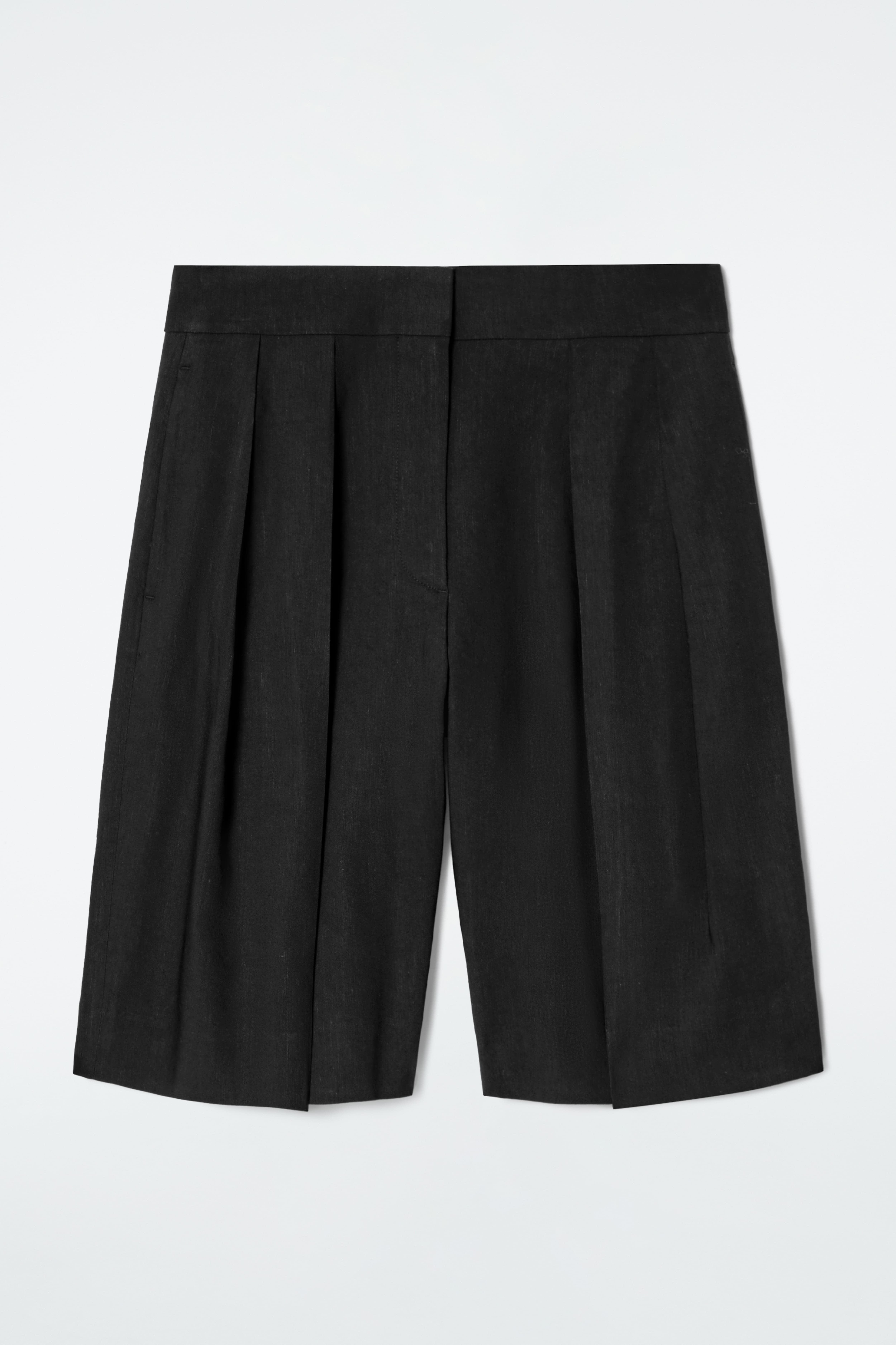 PANTALONI SCURȚI LINIARI DIN IN - NEGRU