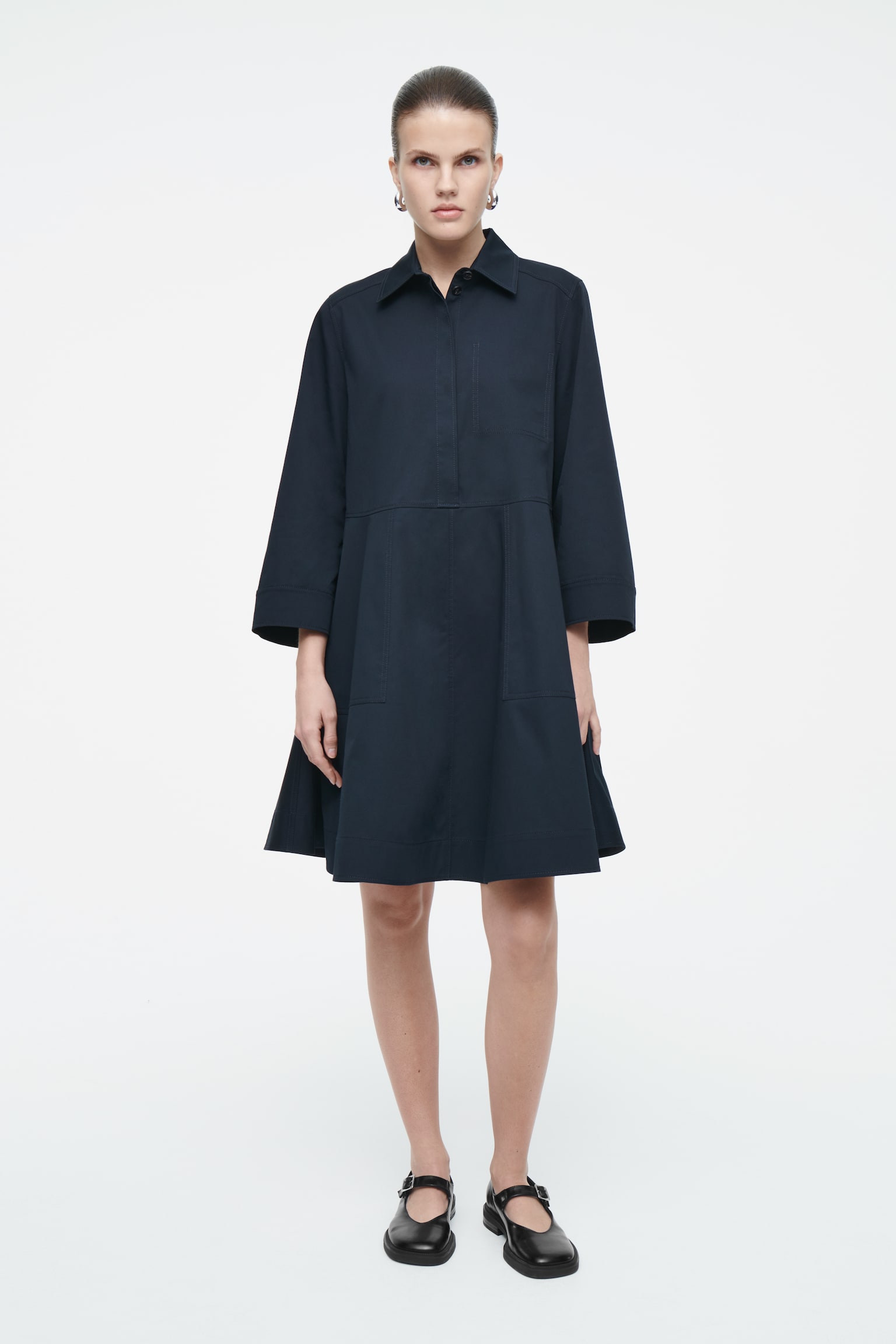 COTTON UTILITY SHIRT DRESS - NAVY/BEIGE - 1