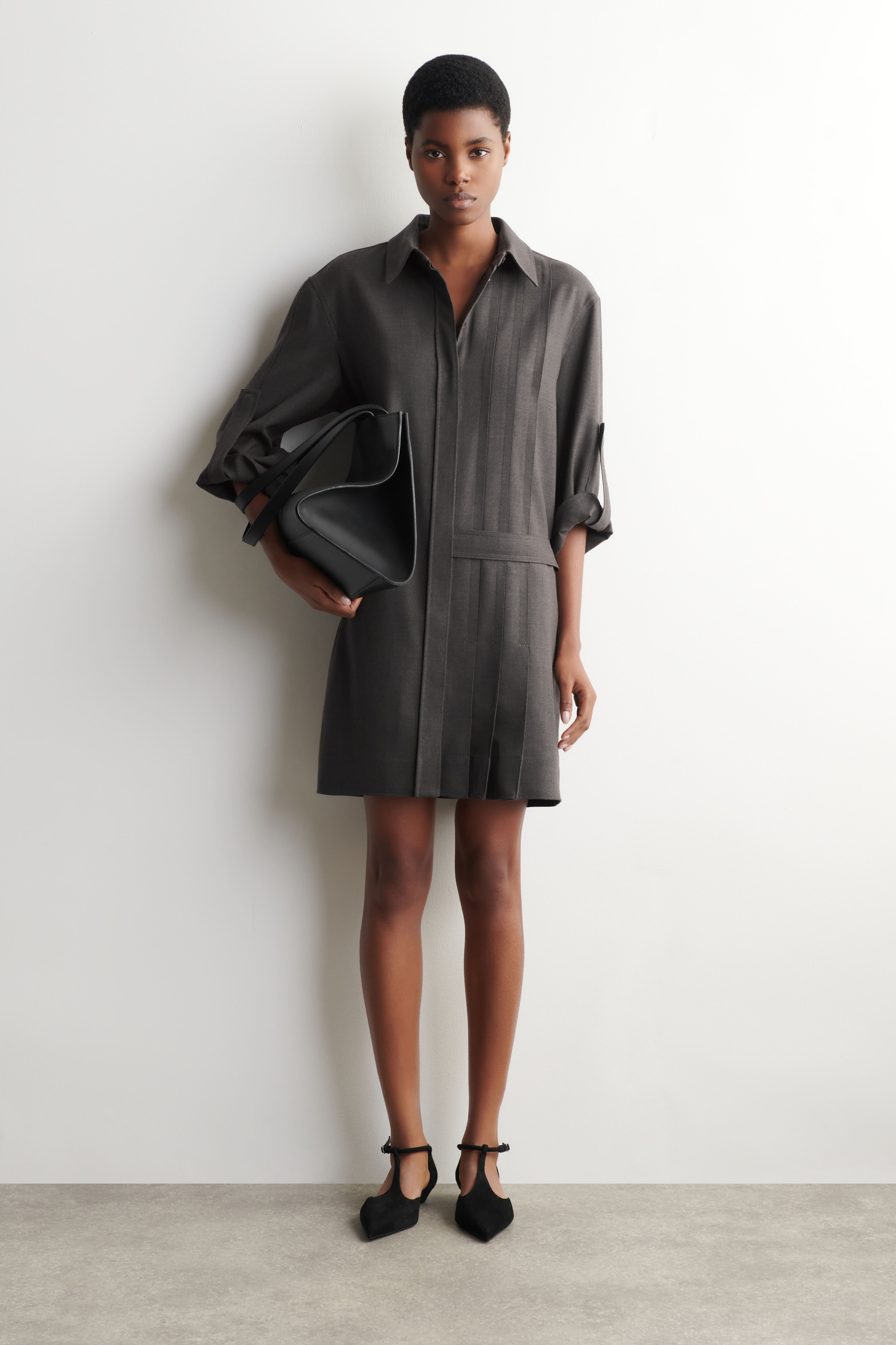 ABITO CHEMISIER MINI IN LANA CON PIEGHE SU UN LATO - GRIGIO SCURO
