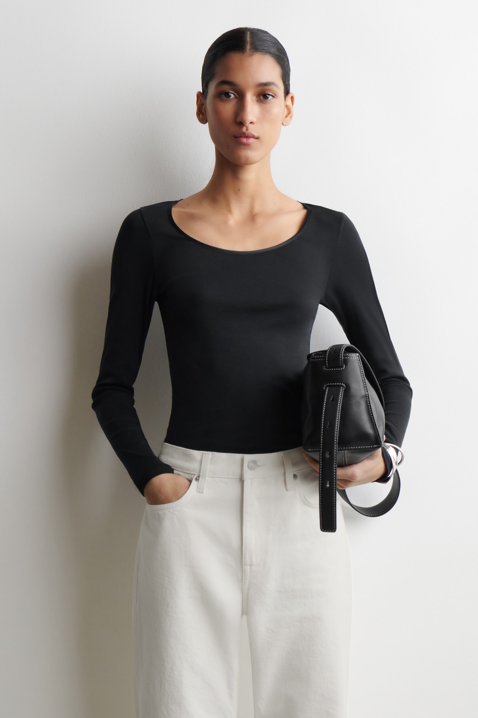 TOP A MANICHE LUNGHE IN JERSEY DI COTONE E RASO - NERO/ROSA - 1