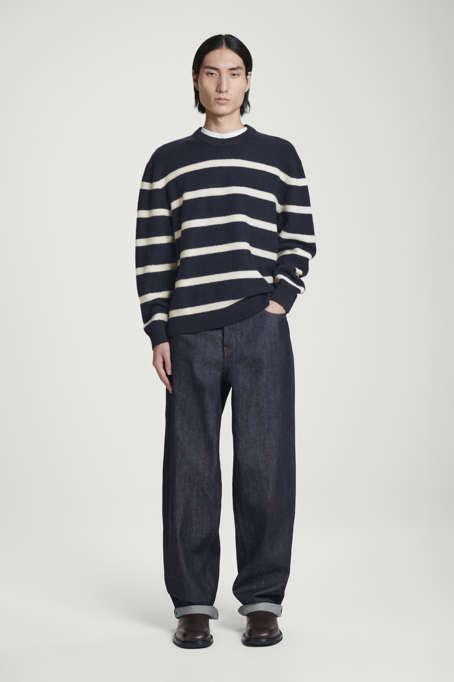 BOILED-WOOL CREW-NECK JUMPER - NAVY / STRIPED/BLACK/COBALT BLUE - 4