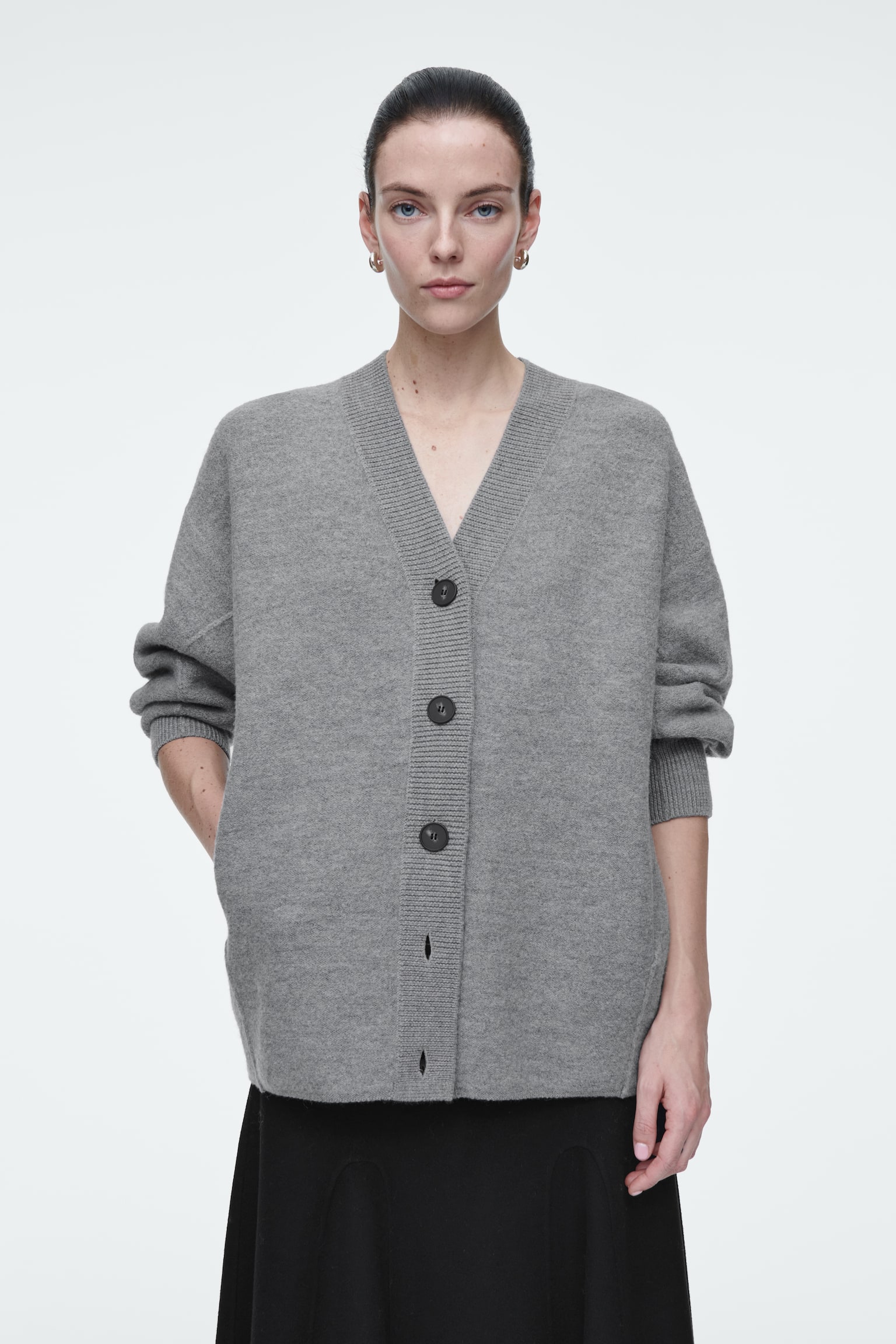 OVERSIZED BOILED MERINO WOOL CARDIGAN - LIGHT GREY/BLACK - 1