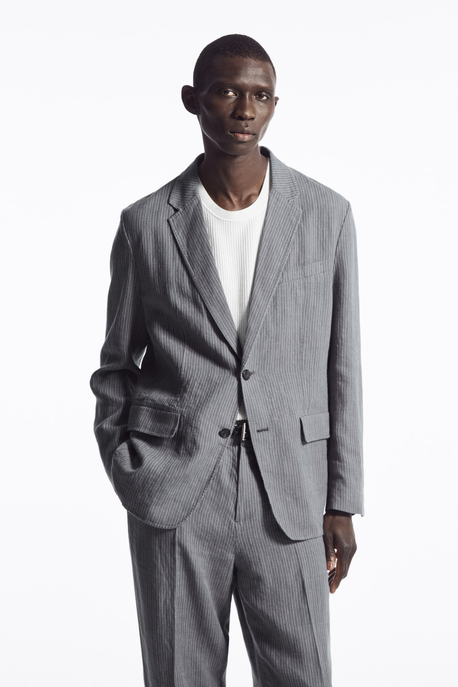 REGULAR UNSTRUCTURED LINEN BLAZER - GREY / PINSTRIPE/STONE/DARK NAVY - 1