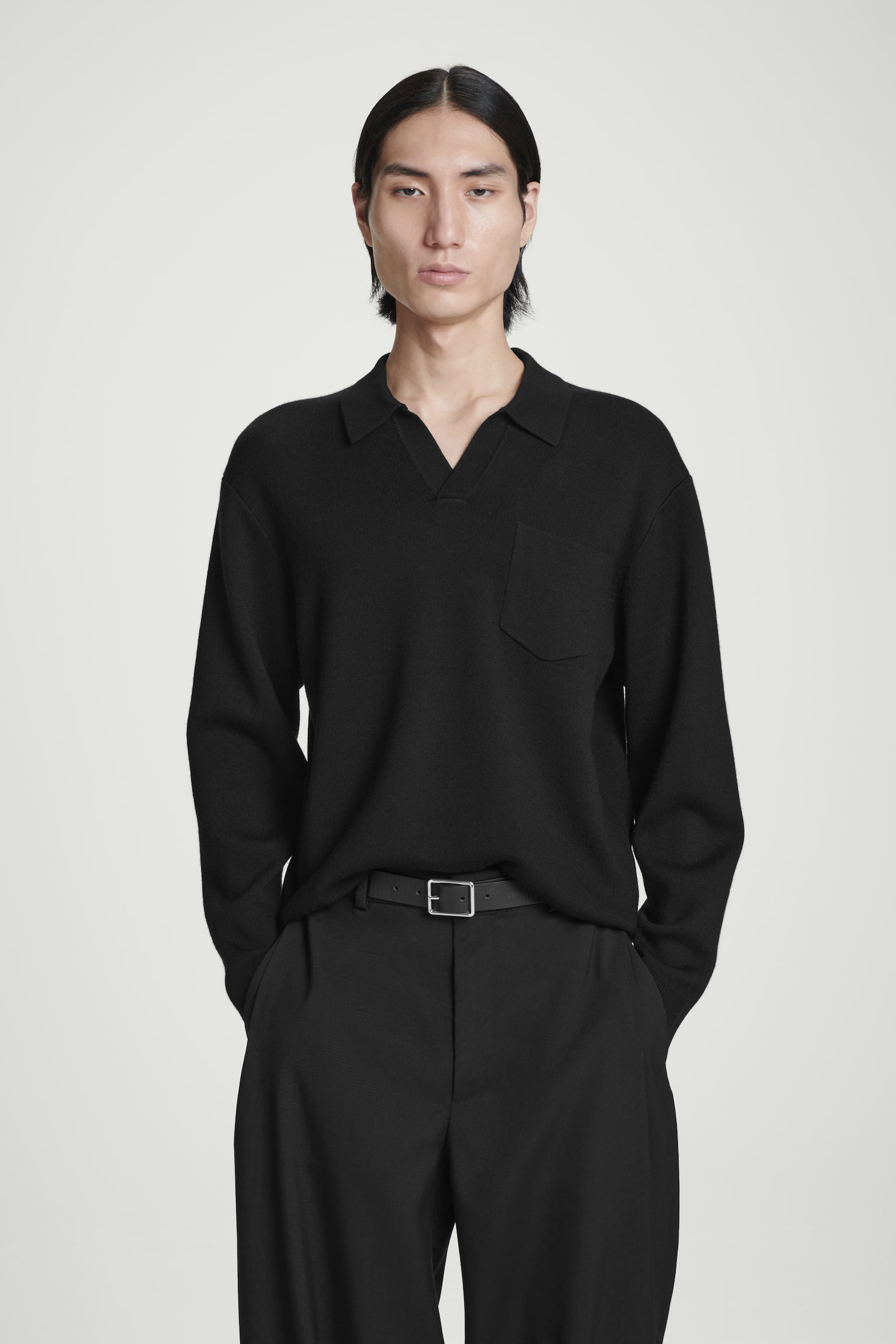 KNITTED WOOL LONG-SLEEVED POLO SHIRT - BLACK - 1