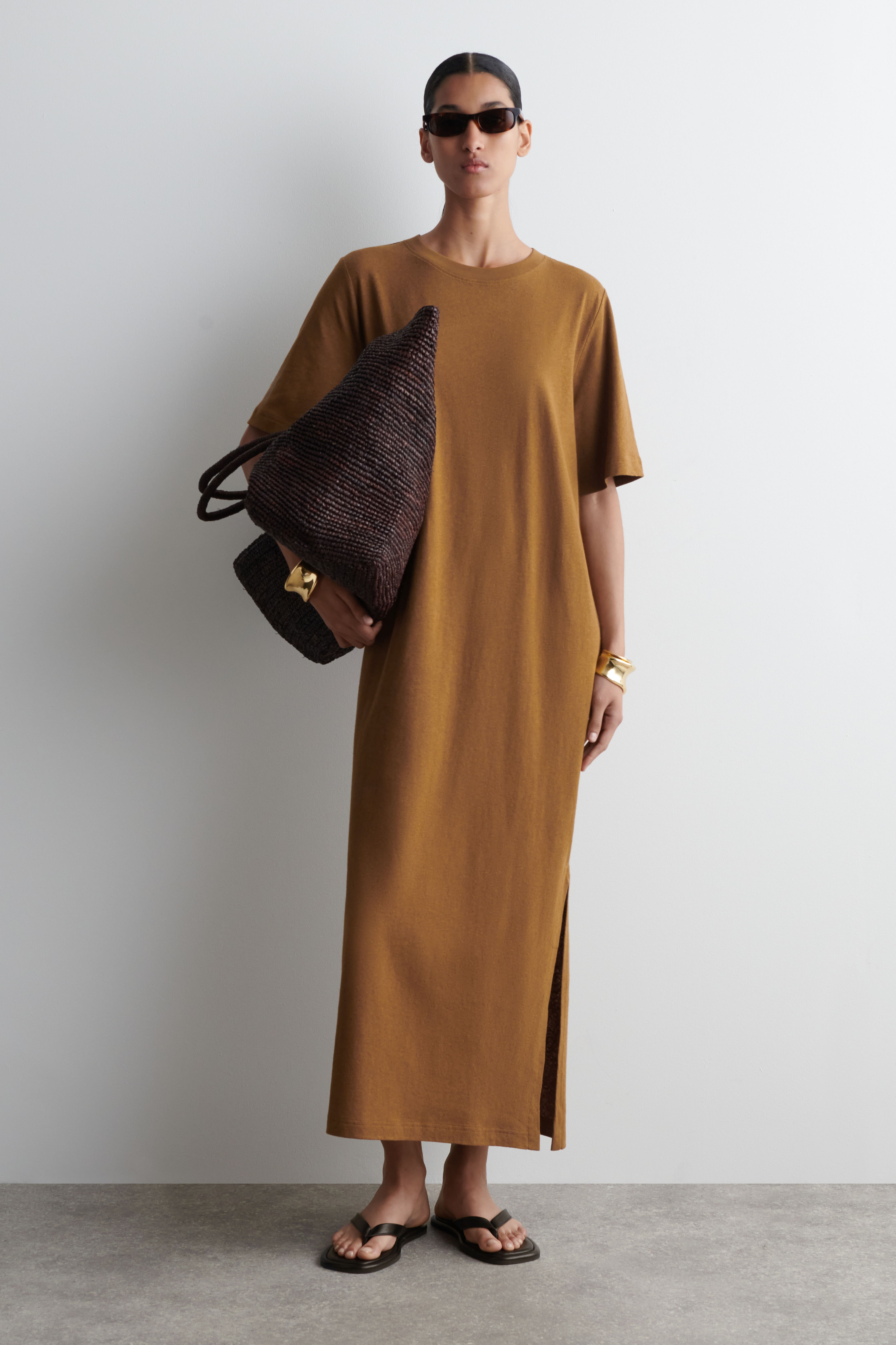 COTTON-LINEN MAXI T-SHIRT DRESS - BROWN - DAMES | H\u0026M NL