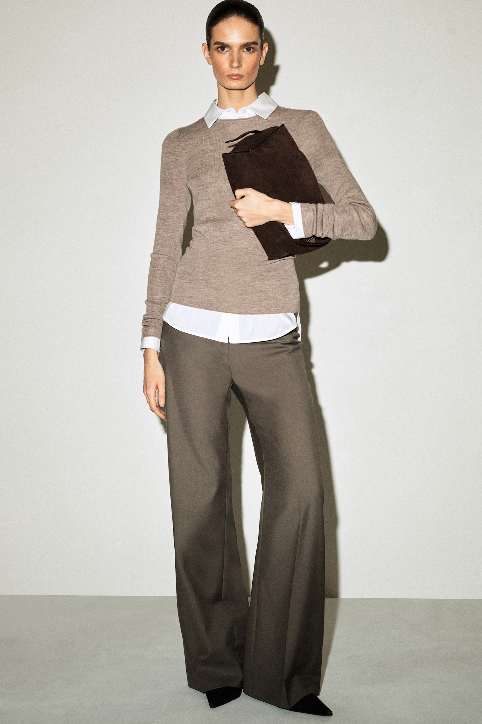 VARÁSNÉLKÜLI MERINÓ GYAPJÚ HOSSZÚ UJJÚ FELSŐ - BÉZS MELÍR/CHARCOAL MÉLANGE - 6