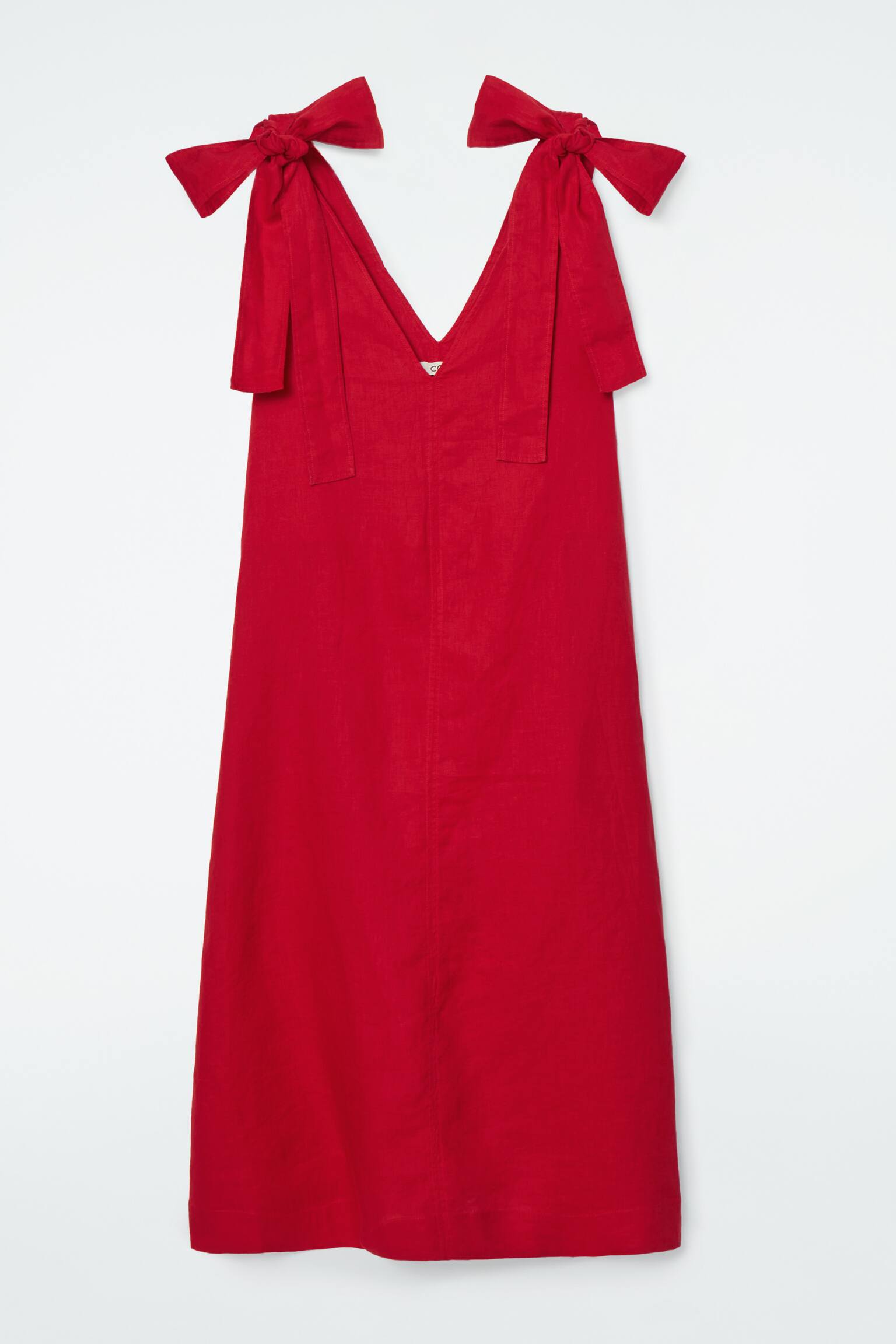 BOW-DETAIL LINEN MIDI DRESS - RED/NAVY BLUE - 2